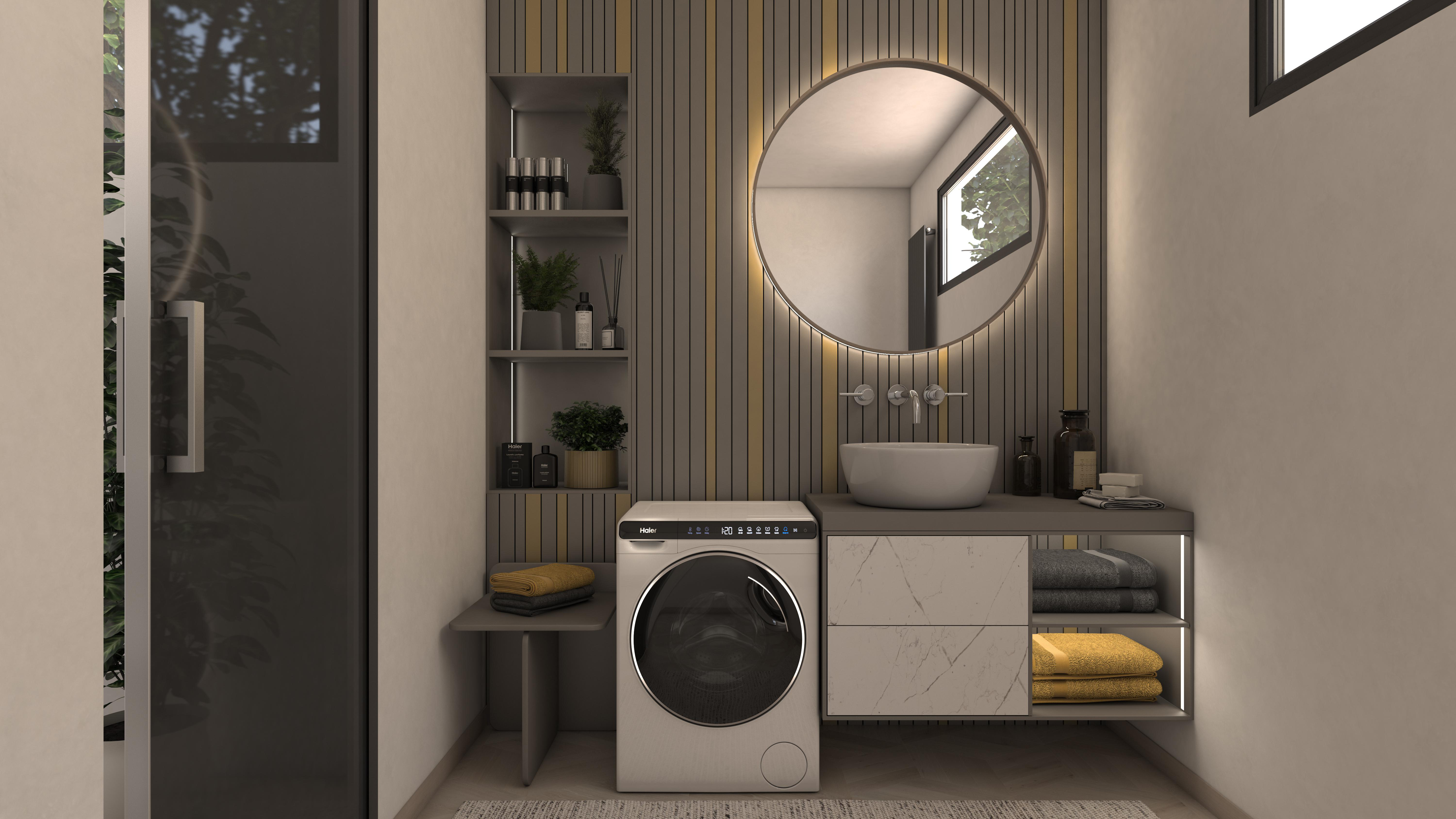 Badezimmer mit Waschmaschine, rundem Spiegel, Waschbecken und Regalen. Neutrale Töne, modernes Design.