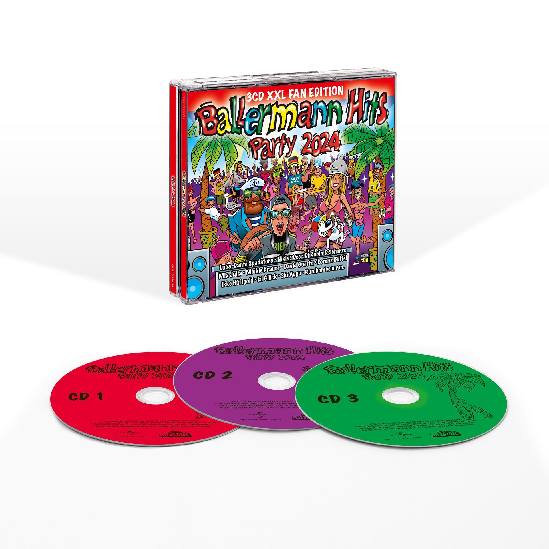 Ballermann Hits Party 2024 CD-Set. Drei CDs in einem Case. Buntes Cover.
