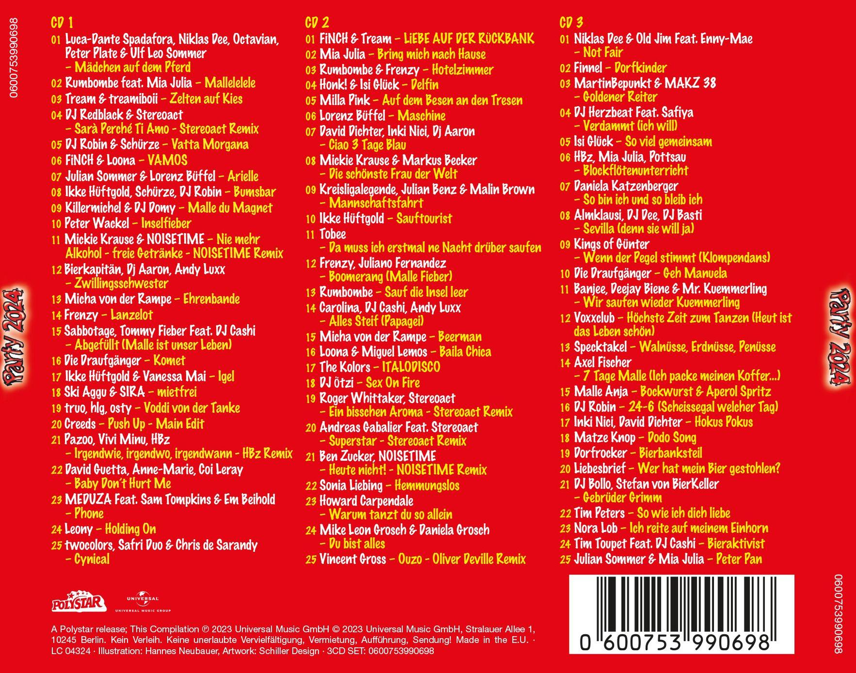Cover einer Party 2024 CD mit Titelliste und Logos.
