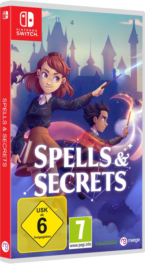 Spielbox für Spells & Secrets. Zwei Kinder auf der Vorderseite. Eine Burg im Hintergrund.