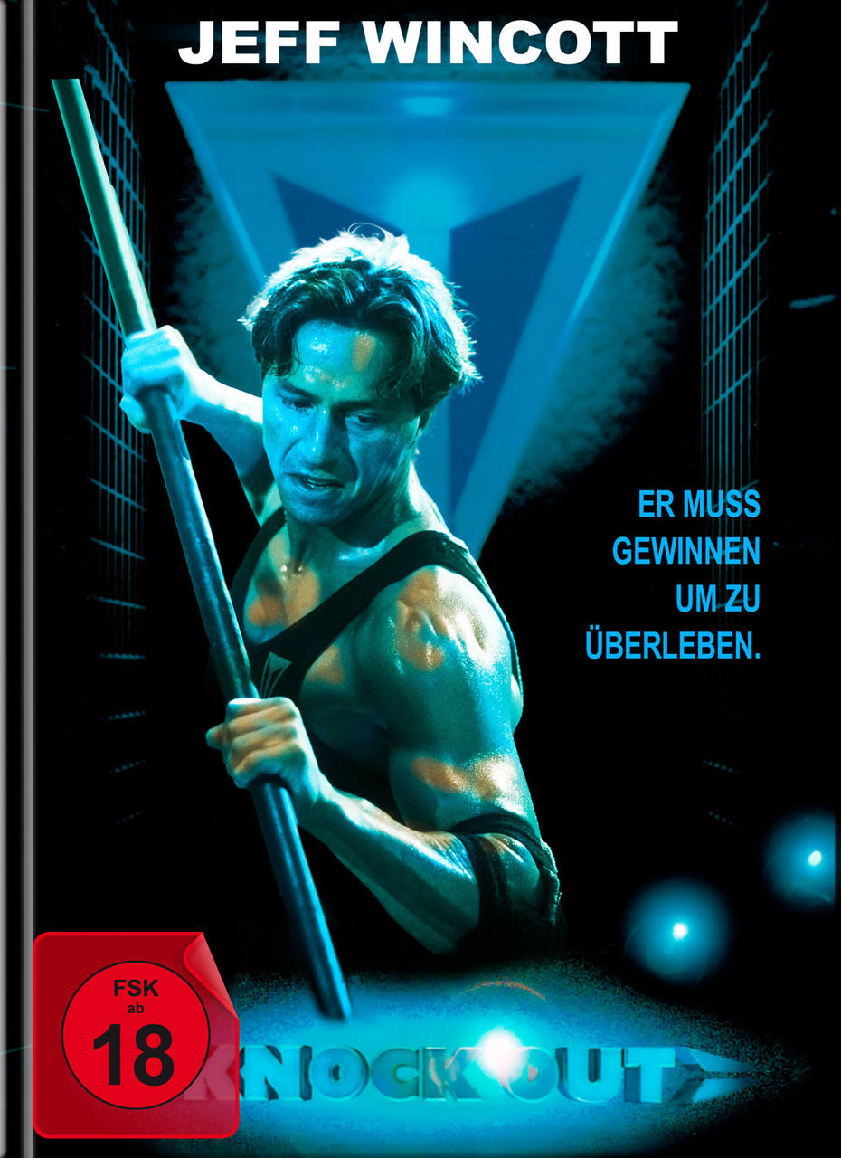 Filmplakat mit Jeff Wincott. Er hält einen Stab. Deutsche Texte: 'Er muss gewinnen, um zu überleben' und 'Knock Out'.