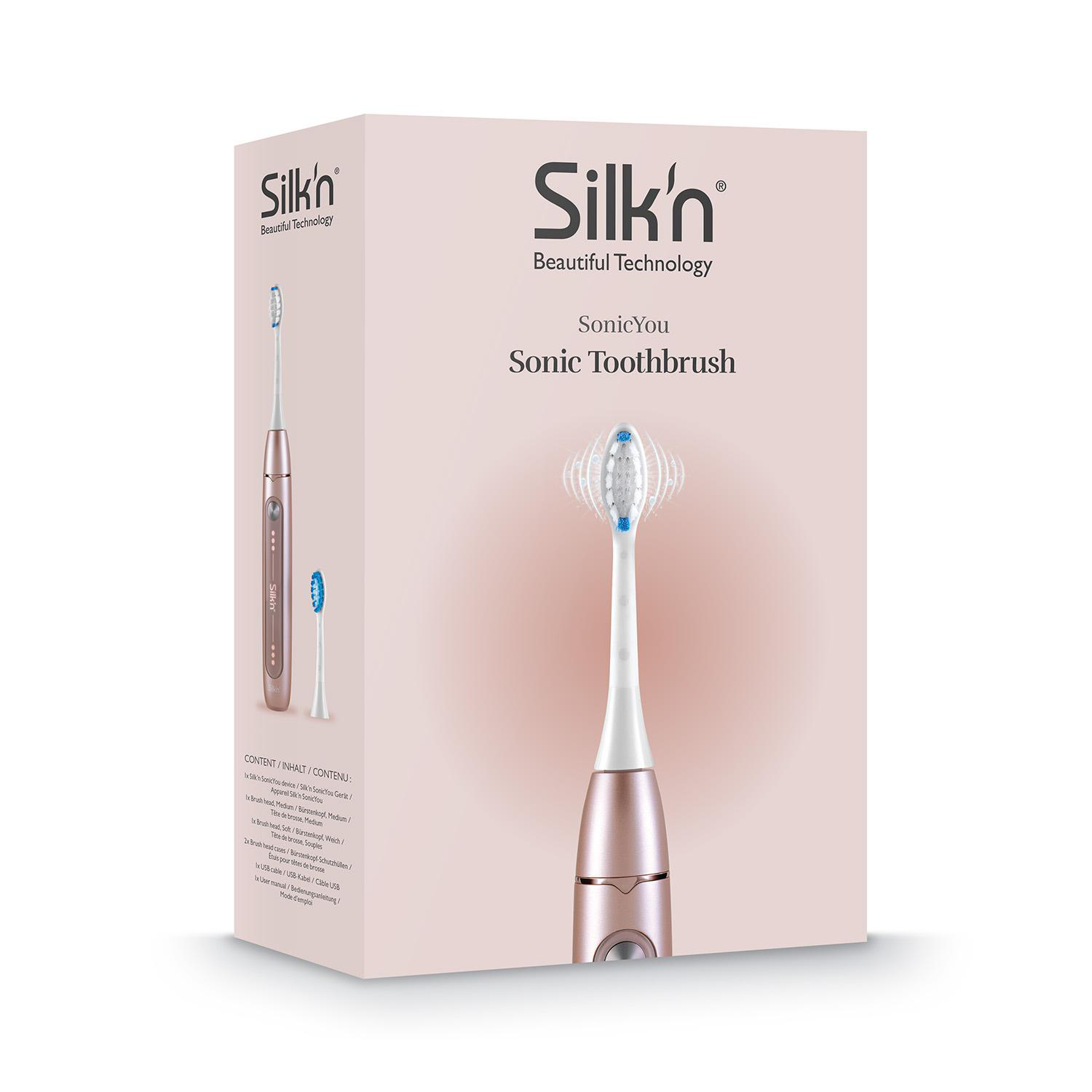 Silk'n SonicYou Sonic Zahnbürstenbox mit Zahnbürste und Ersatzköpfen auf Weiß dargestellt.