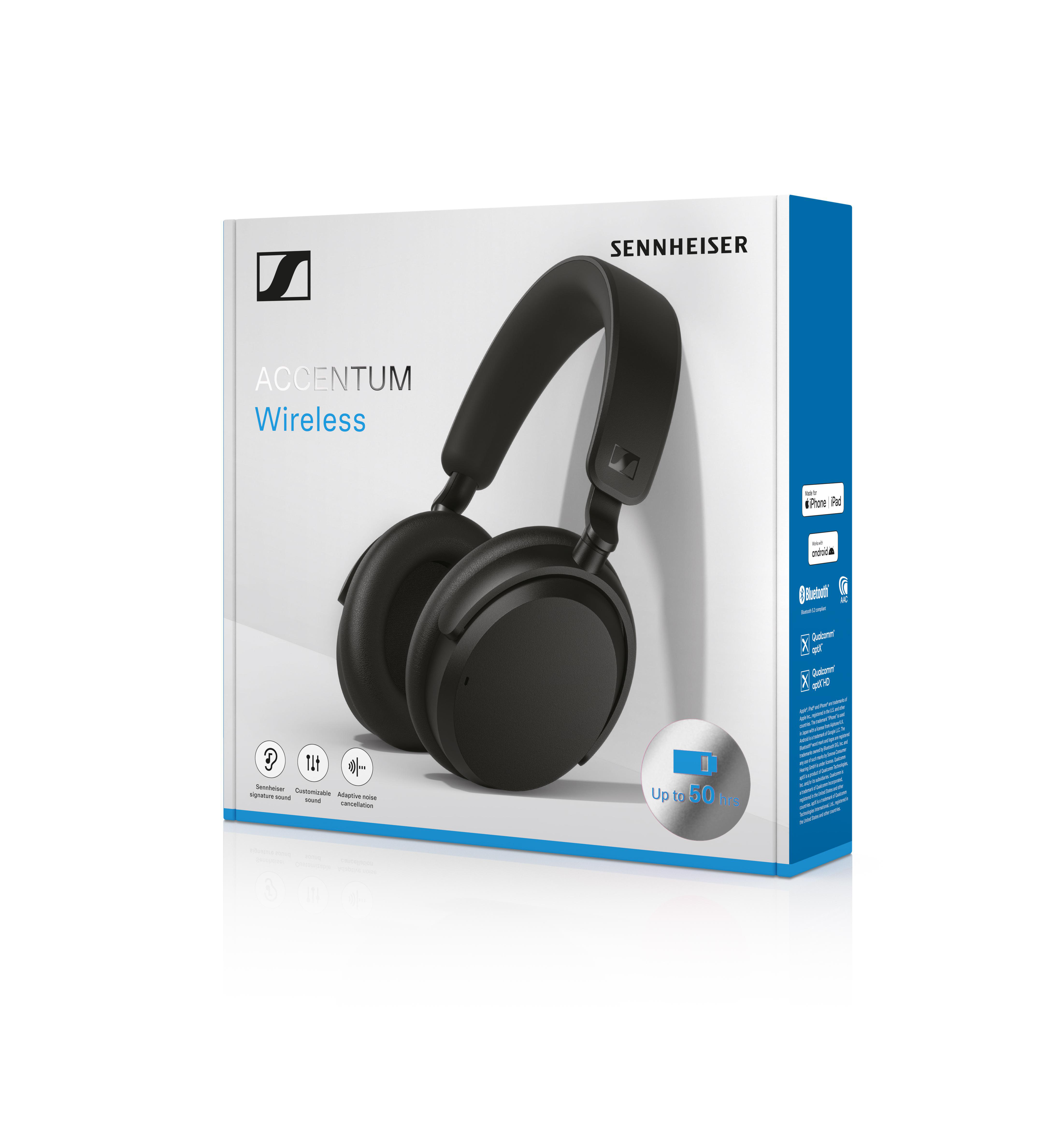 Schwarze Sennheiser-Kopfhörer in einer Box. Die Box zeigt den Namen und die Funktionen der Kopfhörer.
