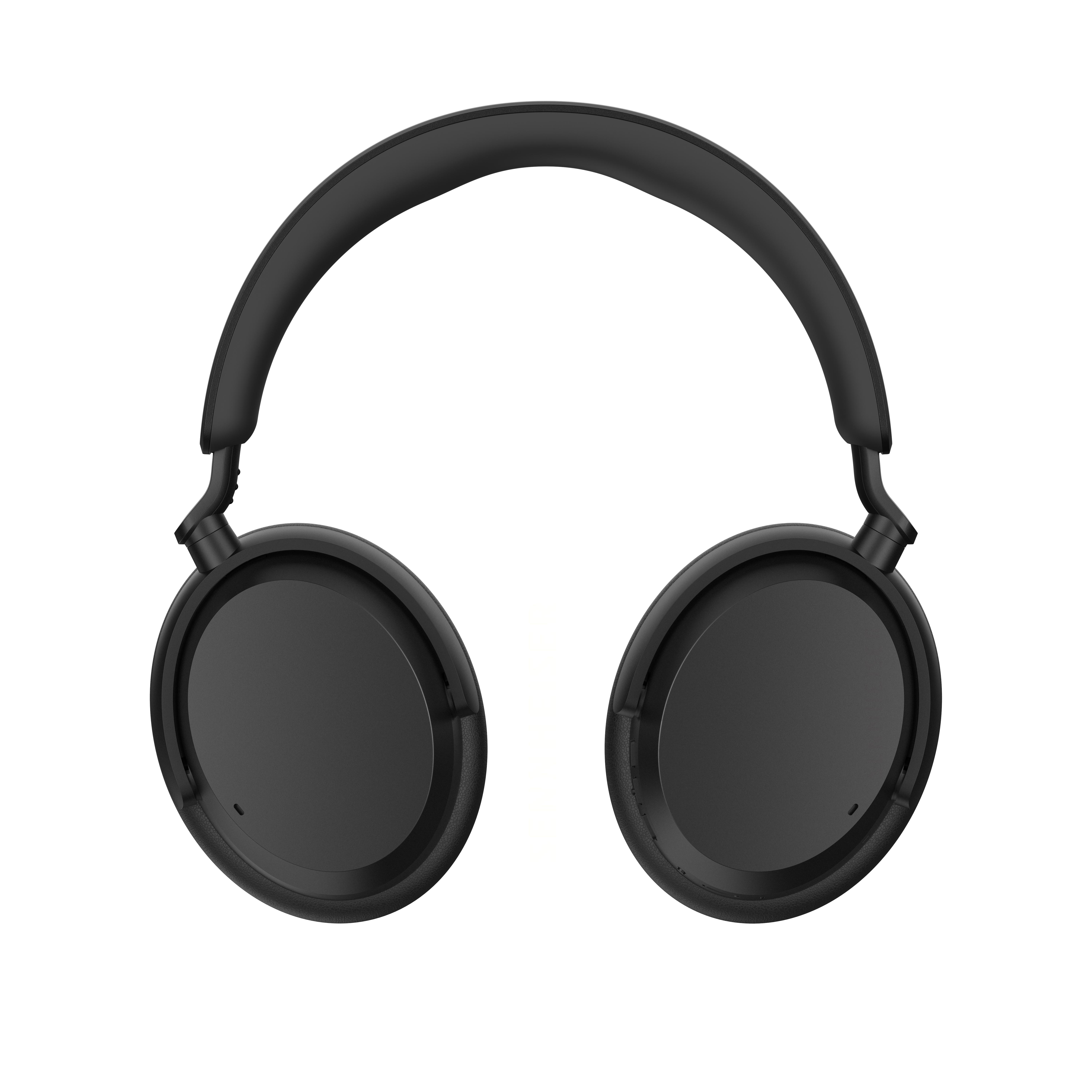 Schwarze Kopfhörer mit kreisförmigem Ohrmuscheldesign auf weißem Hintergrund. Das Band ist gebogen.
