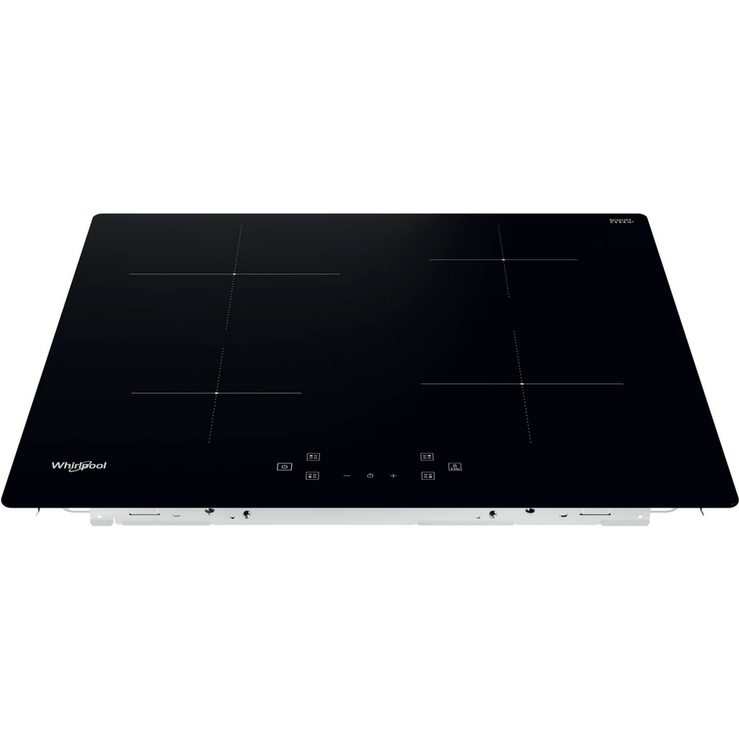 A black Whirlpool induction cooktop with four burners and touch controls on a white surface.