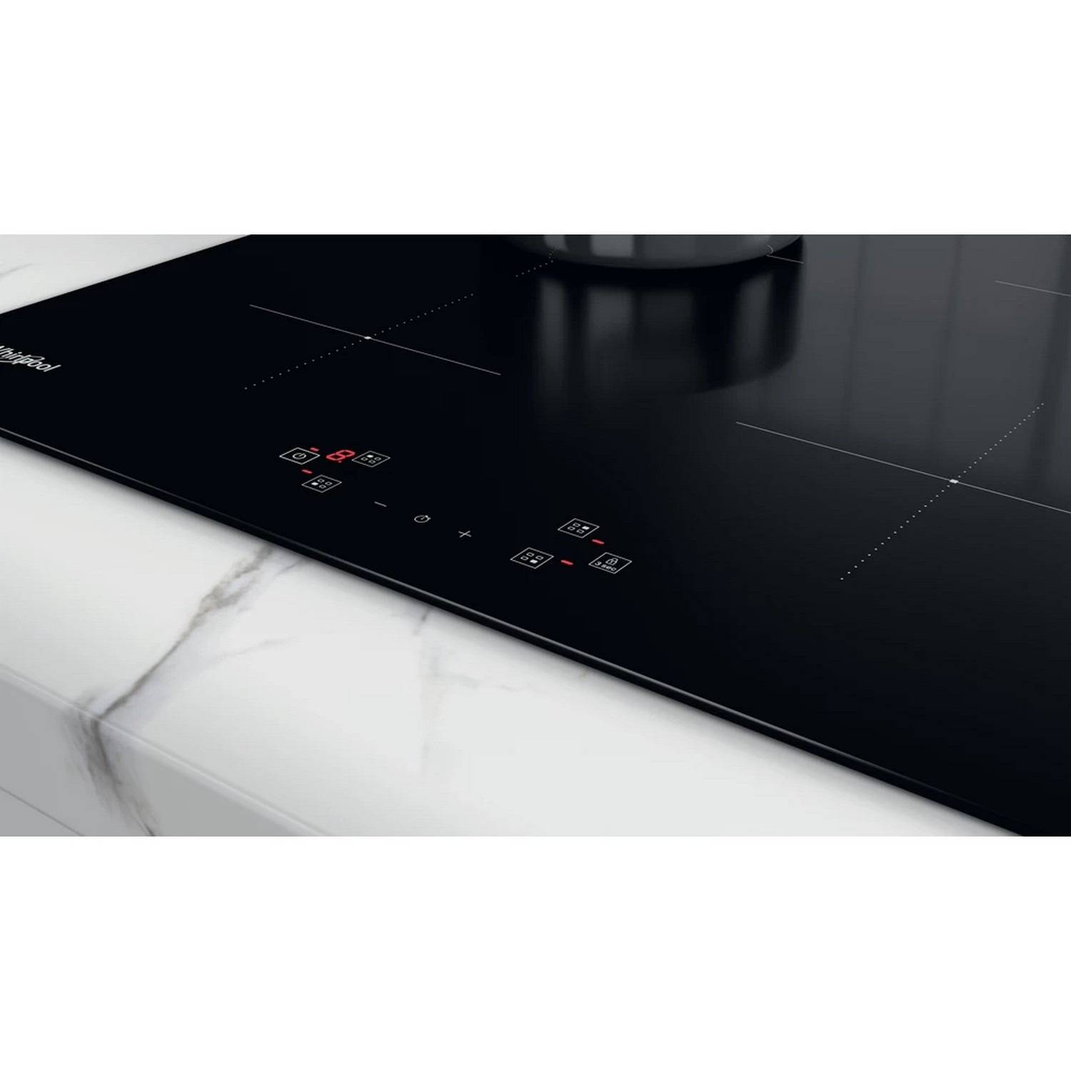 Close-up on a black induction hob. Touch controls and red digital display are present.