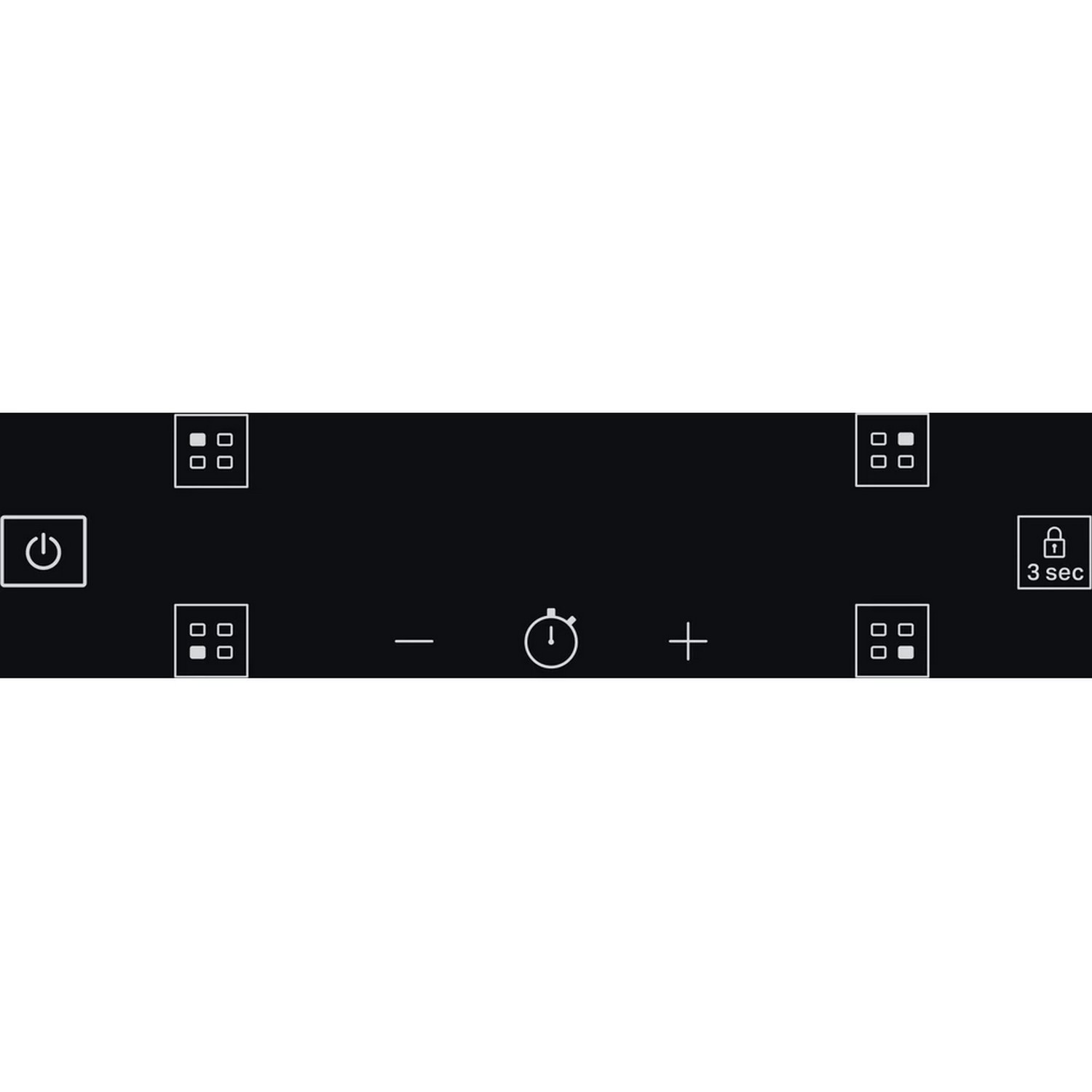 A black induction cooktop with control icons. The cooktop is on a white surface.