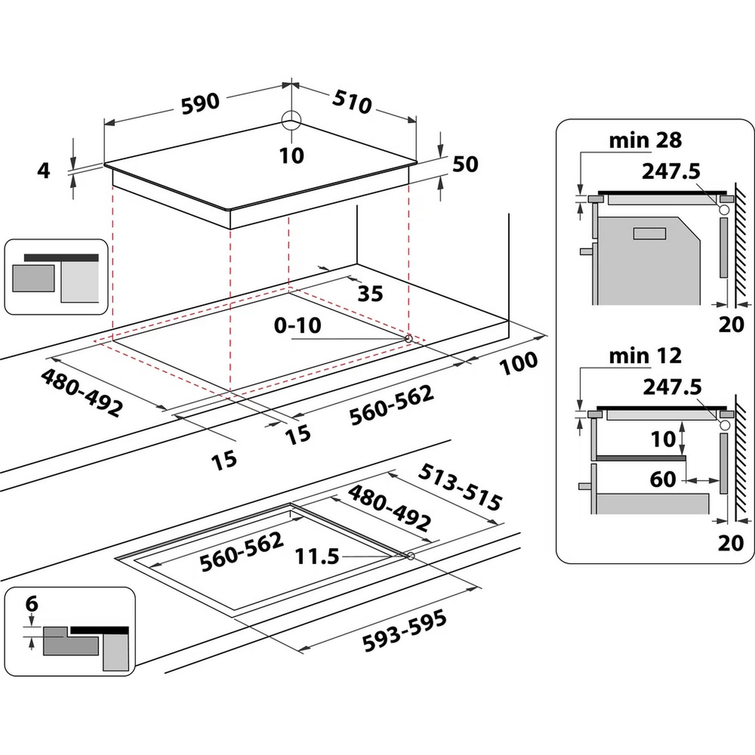 Diagram of a black stovetop with dimensions and cut-out details.