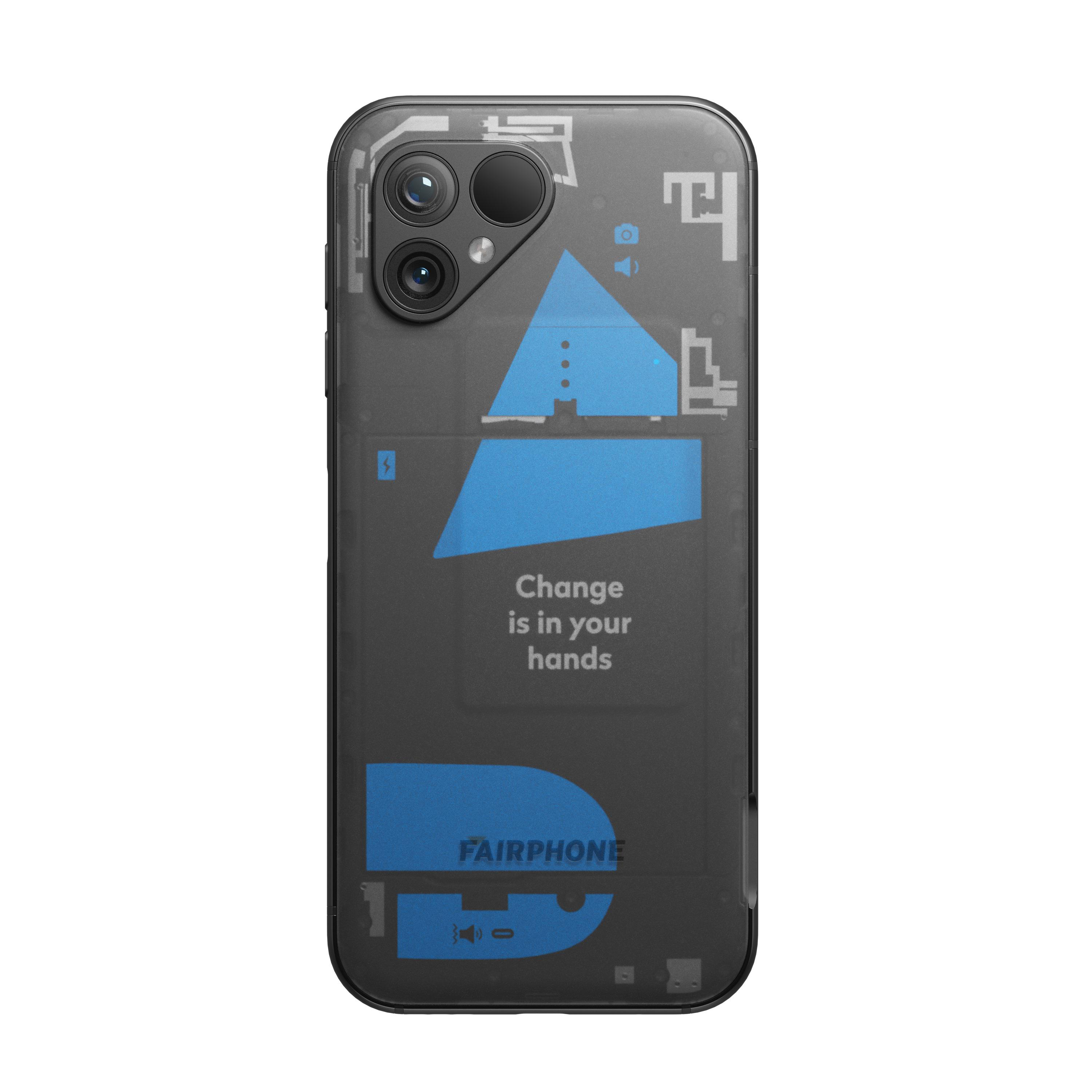 Fairphone mit transparentem Rücken, zeigt interne Komponenten. Text: 'Change is in your hands'.