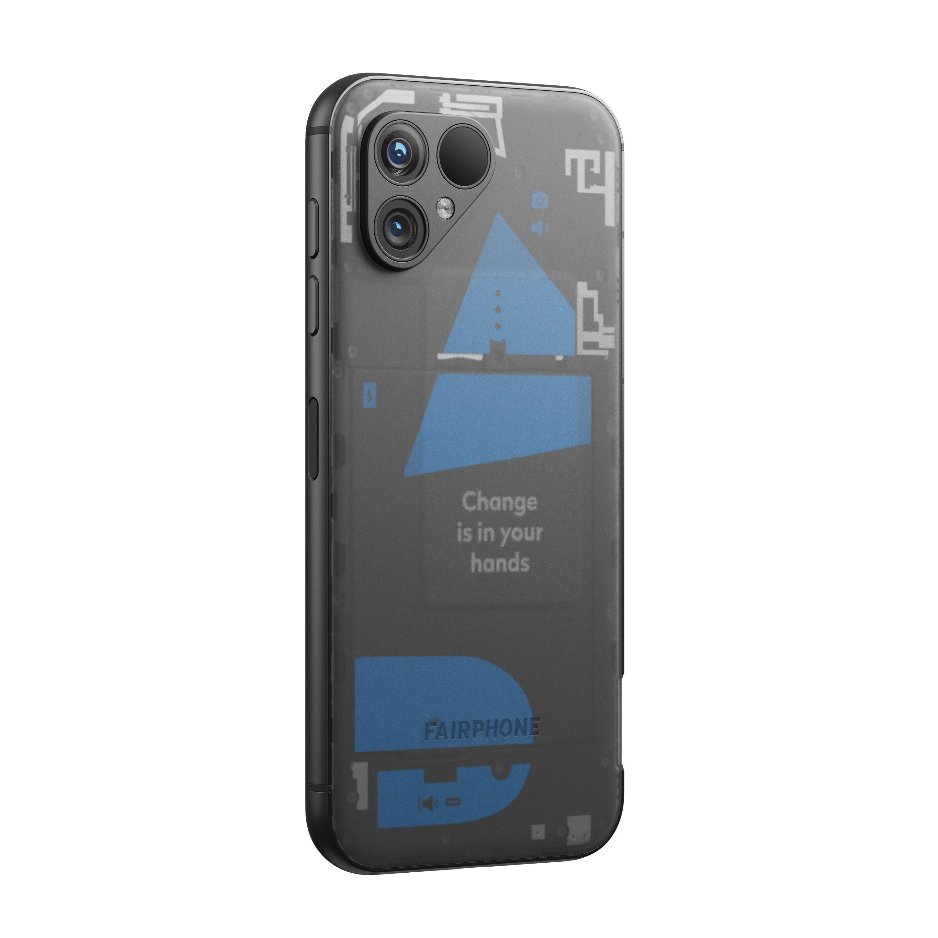 Transparentes Fairphone mit sichtbaren internen Komponenten und Text: 'Change is in your hands'.