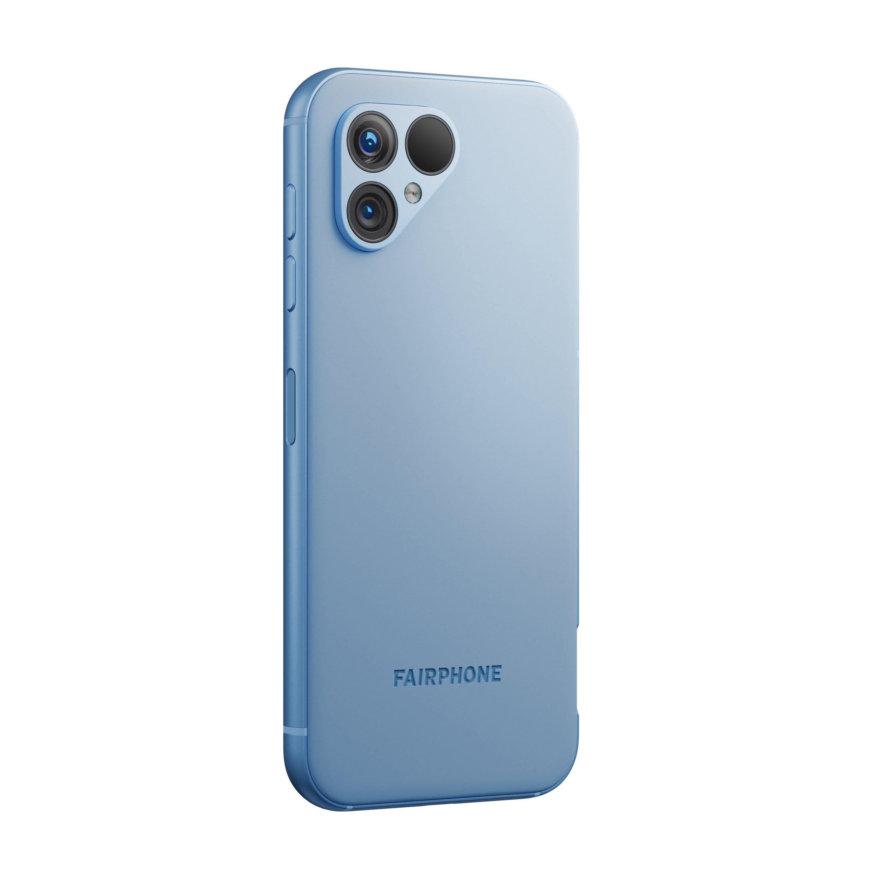 Blaues Fairphone mit drei Kameras und dem Fairphone-Logo unten.