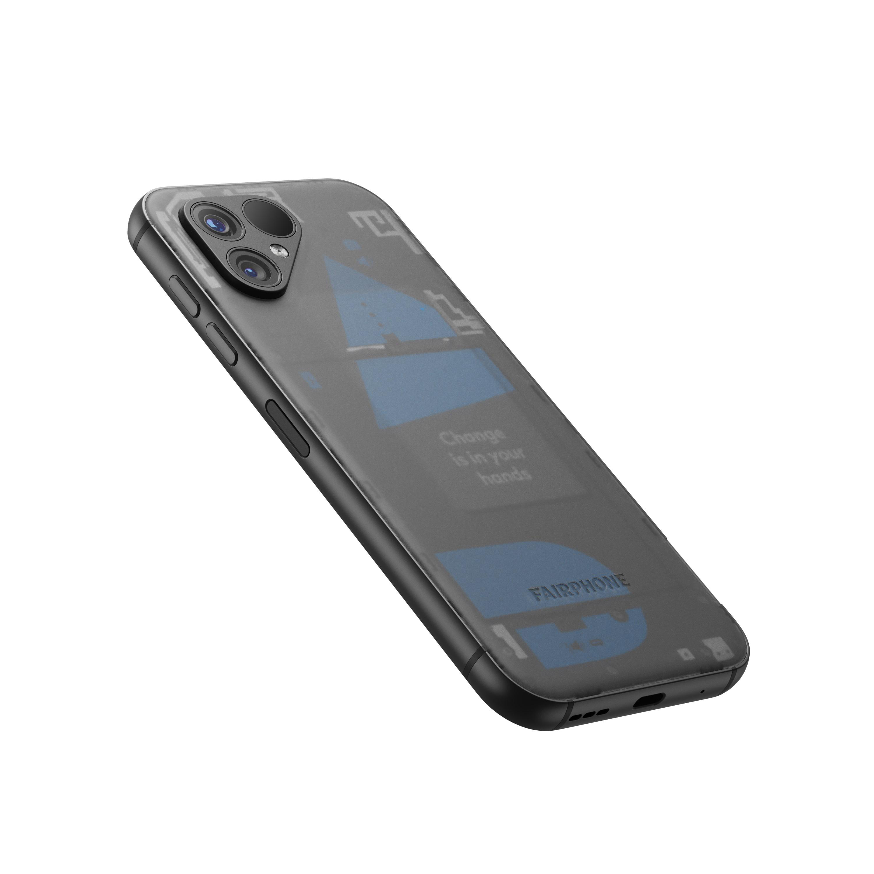 Schwarze Fairphone-Hülle mit Text "Change is in your hands".