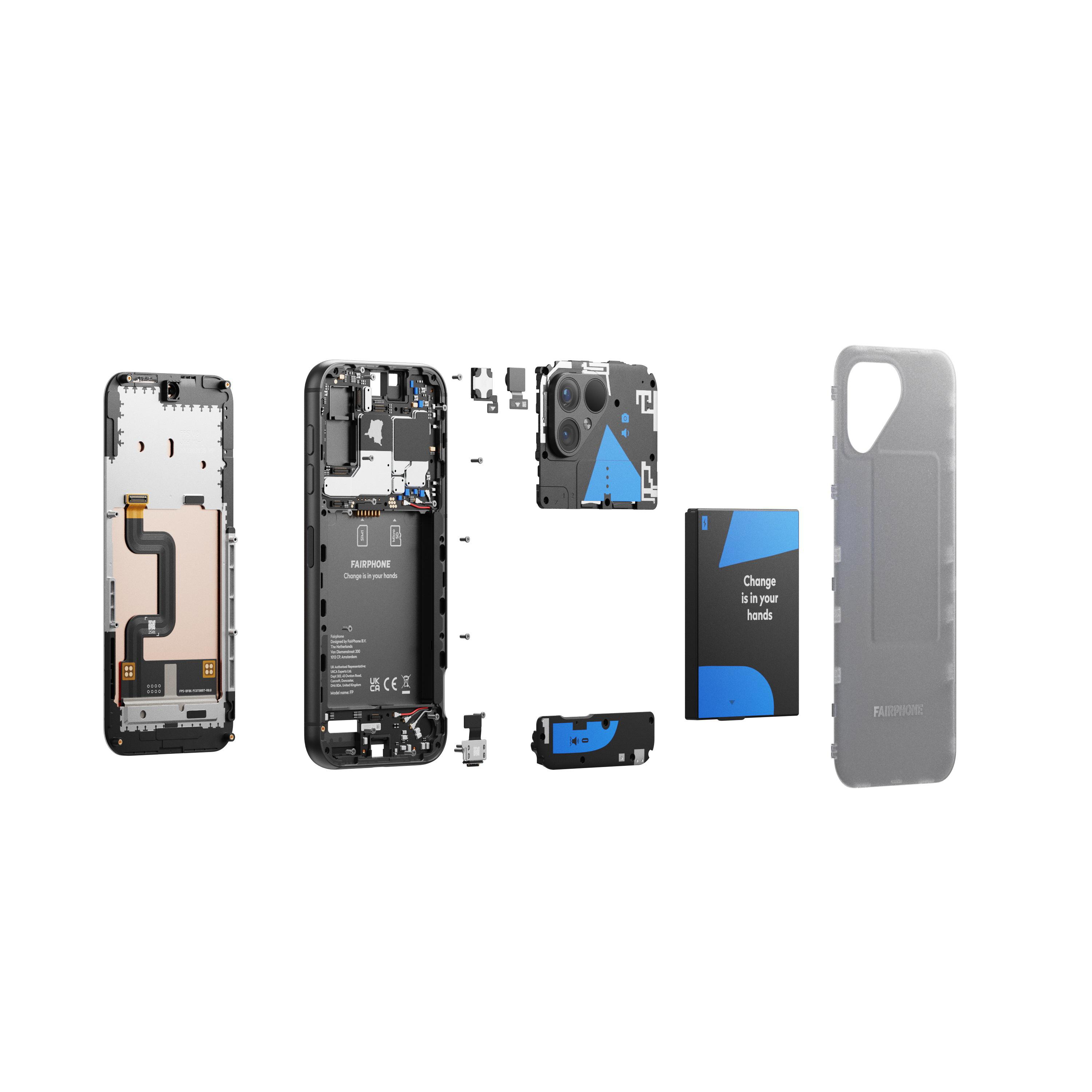 Fairphone zerlegt, zeigt Komponenten: Bildschirm, Akku, Rückseite, Kamera und Rahmen.
