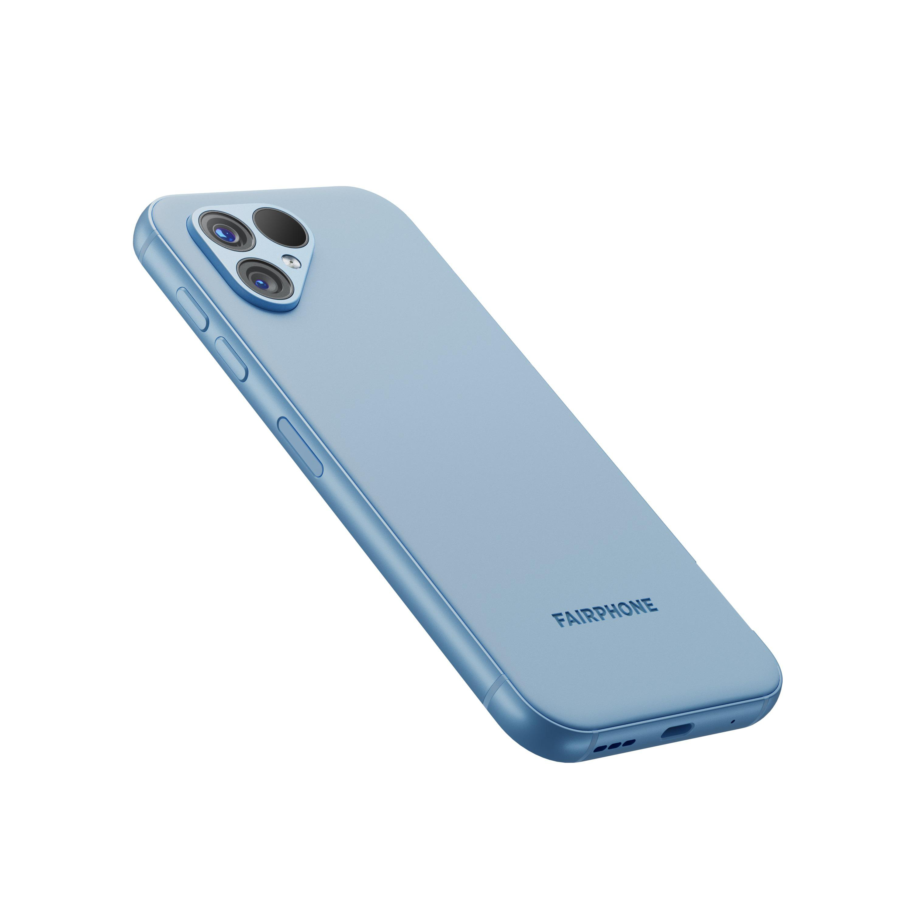 Ein blaues Fairphone-Telefon. Der Hintergrund ist weiß. Das Telefon hat drei Kameras.