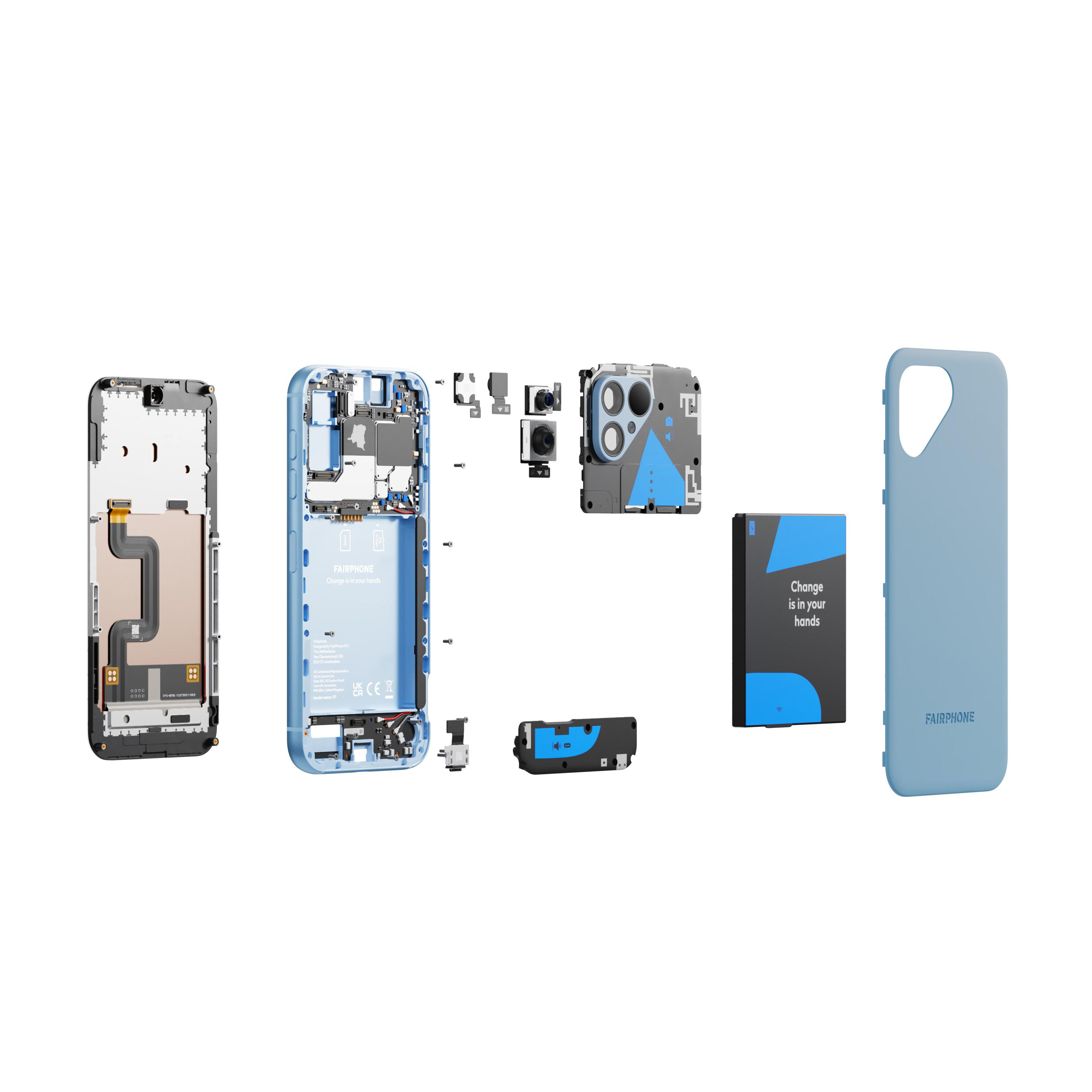 Explodierte Telefonteile, die interne Komponenten und eine Telefonhülle zeigen.