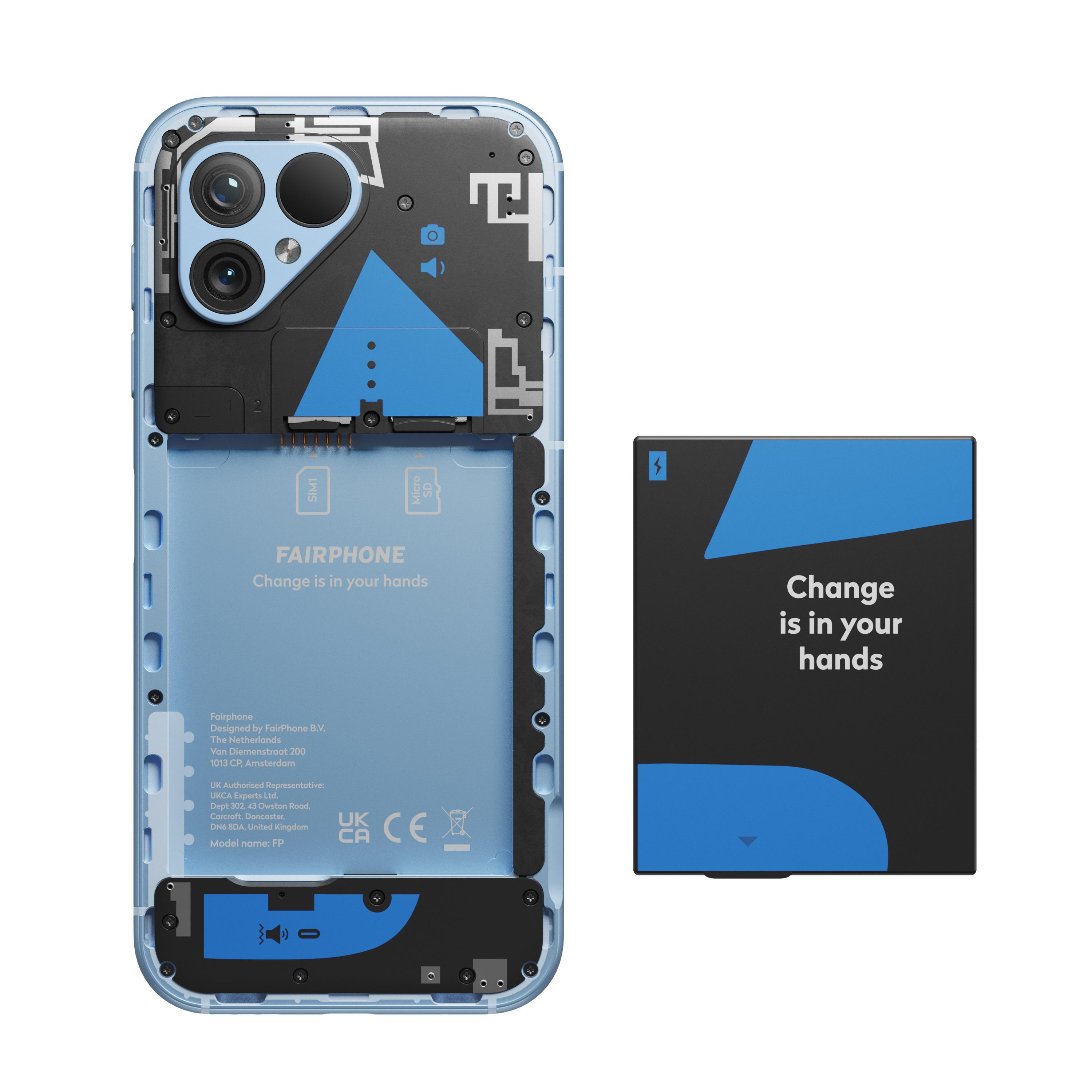 Fairphone, zerlegt, mit Blick auf die internen Komponenten und einen separaten Akku.