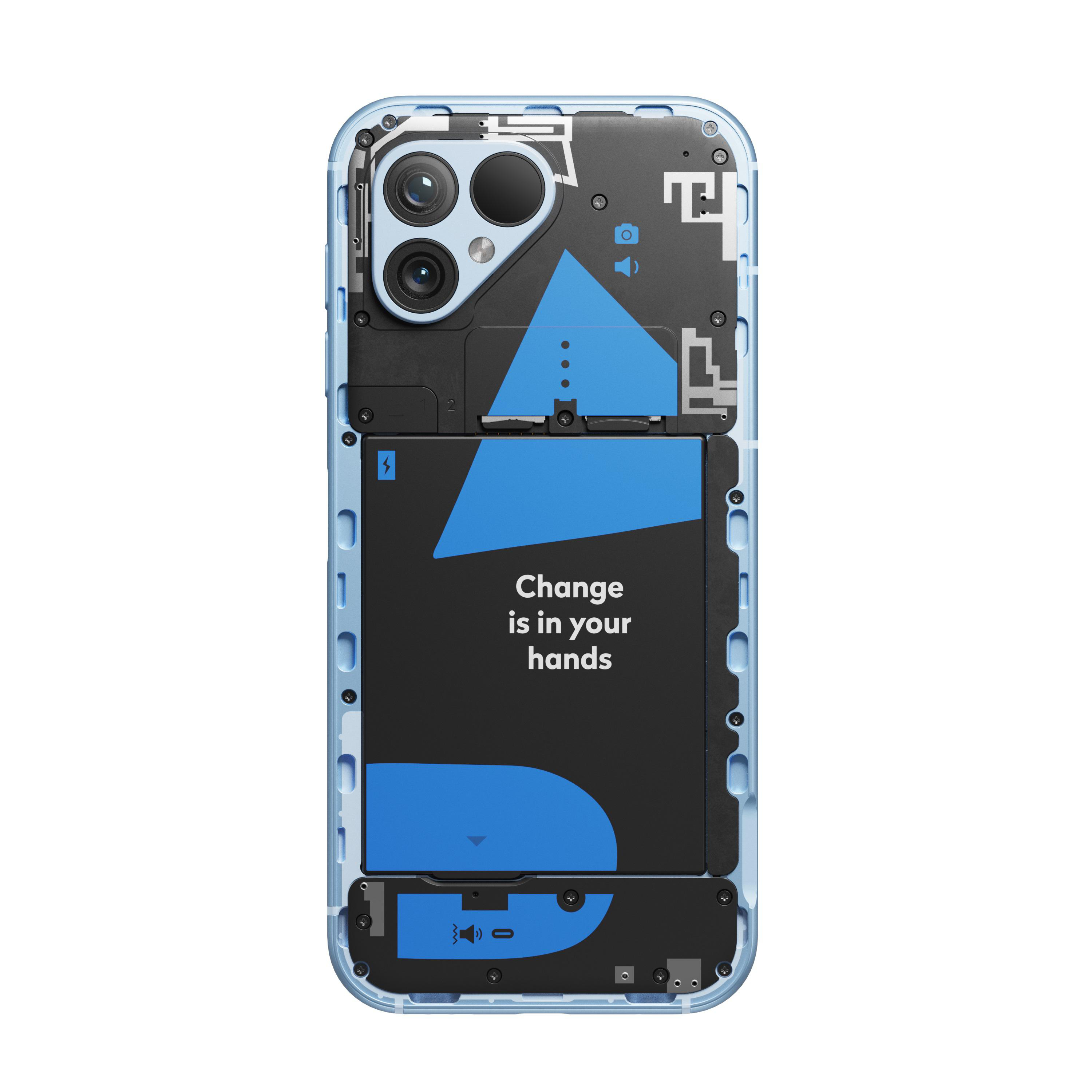 Ein Telefon mit transparentem Rücken, innen mit blauen und schwarzen Komponenten.