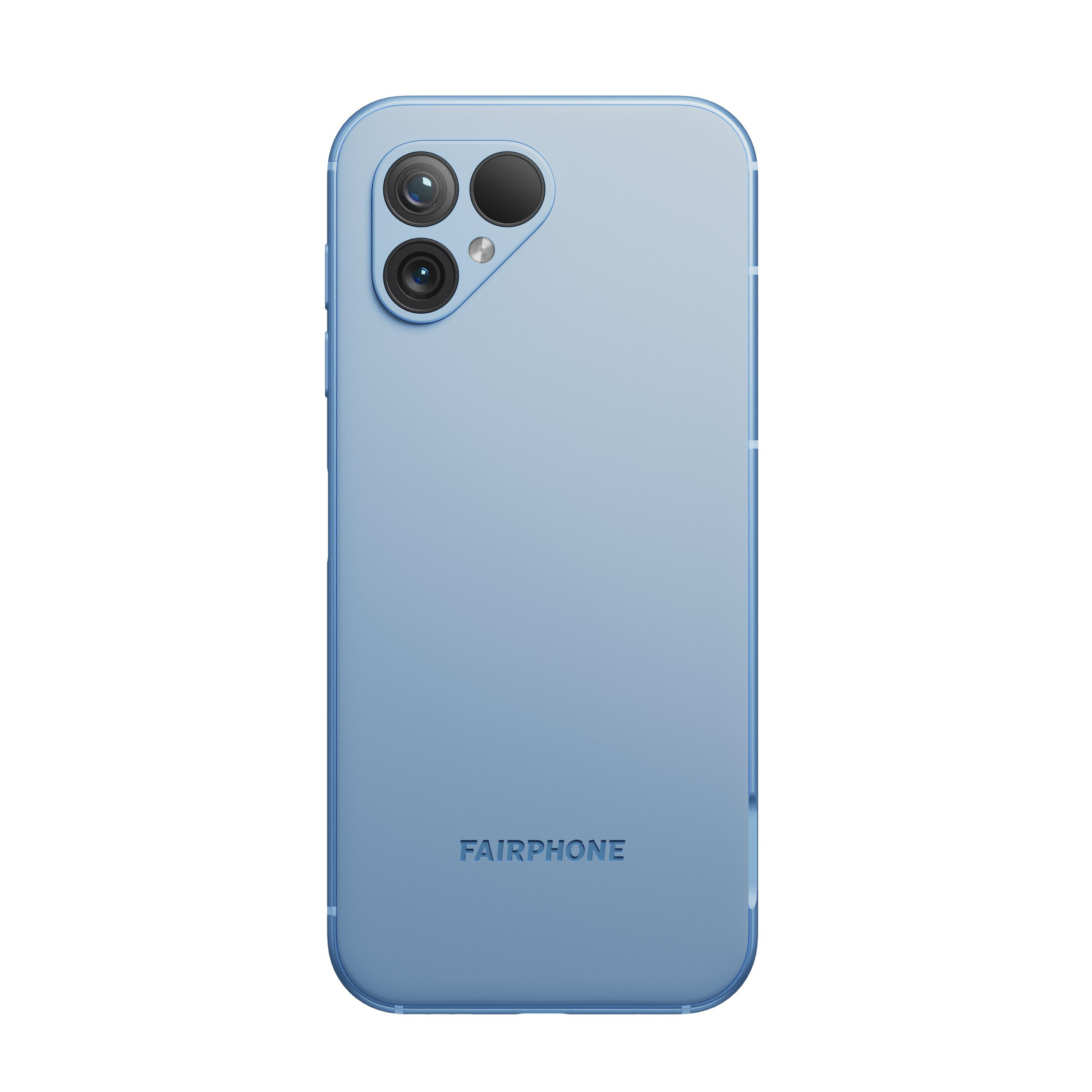 Ein hellblaues Fairphone mit drei Rückkameras und dem Markennamen unter der Kamera.
