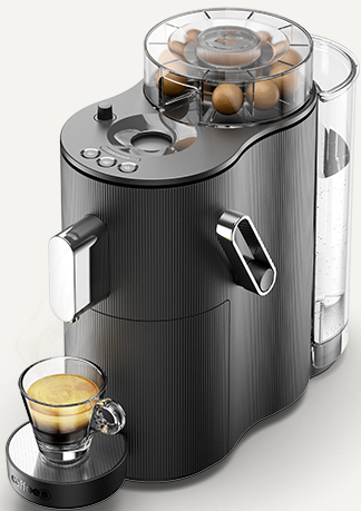 Eine dunkelgraue Espressomaschine mit einem Glas Espresso. Sie hat einen Bohnenbehälter und einen Wassertank an der Seite.
