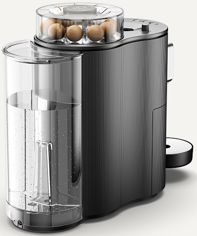 Schwarze Kaffeemaschine mit transparentem Wasserbehälter und Bohnenspender.