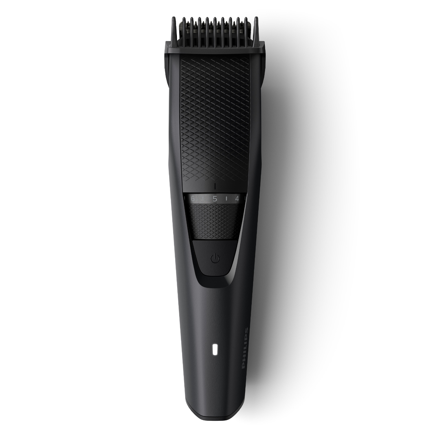 Black beard trimmer, top view. Features: adjustable length settings, power button and light.