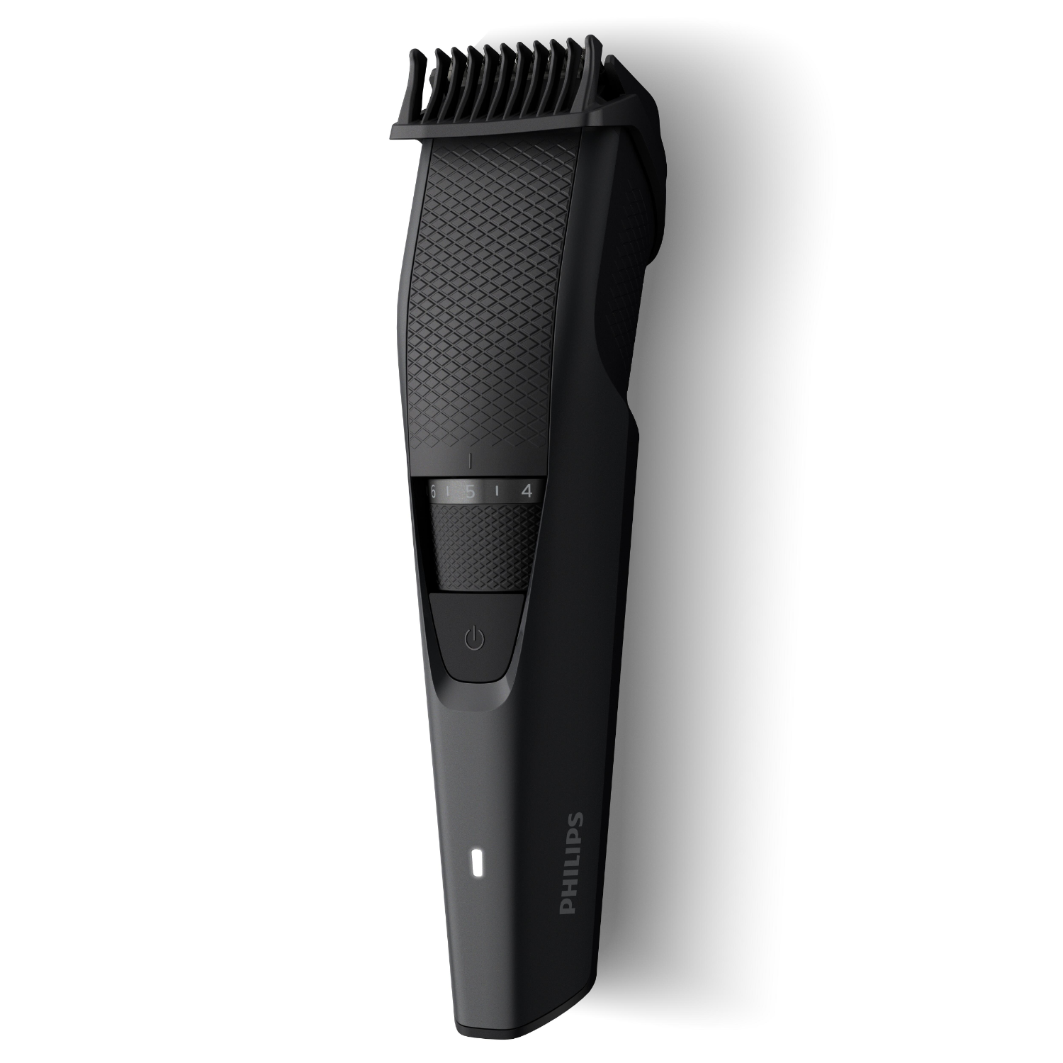 Black Philips beard trimmer on a white background. It has a comb attachment and power button.