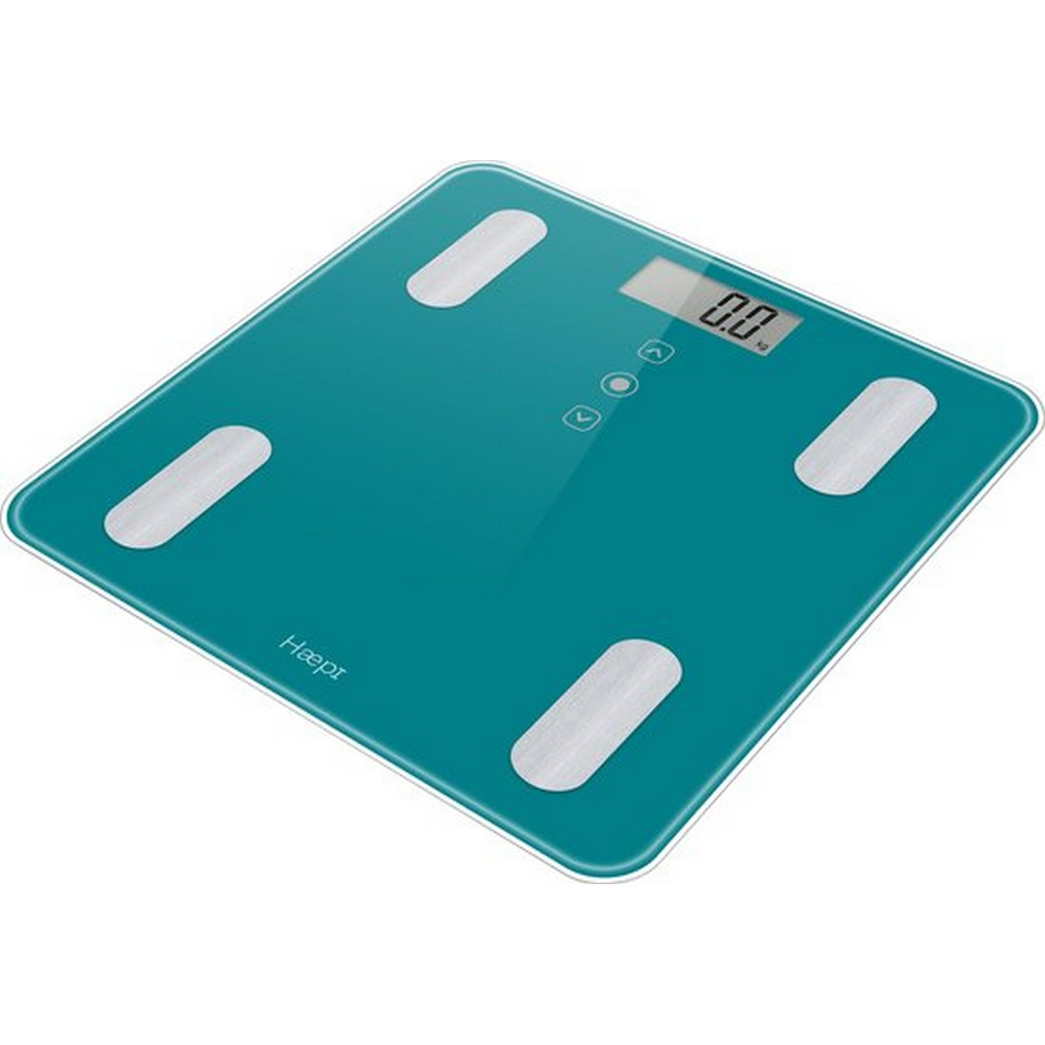 Een turquoise digitale weegschaal met vier witte rechthoekige pads en een digitaal display.
