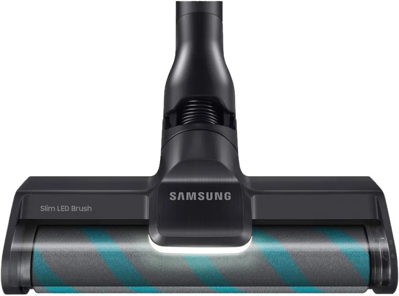 Testa dell'aspirapolvere nera con logo Samsung. La luce brilla dalla spazzola.