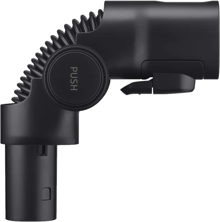 Attacco per aspirapolvere nero con tubo flessibile e scanalato. Ha un pulsante 'PUSH'.