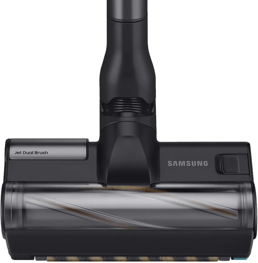 Primo piano di una testina per aspirapolvere nera con logo Samsung. La spazzola è visibile.