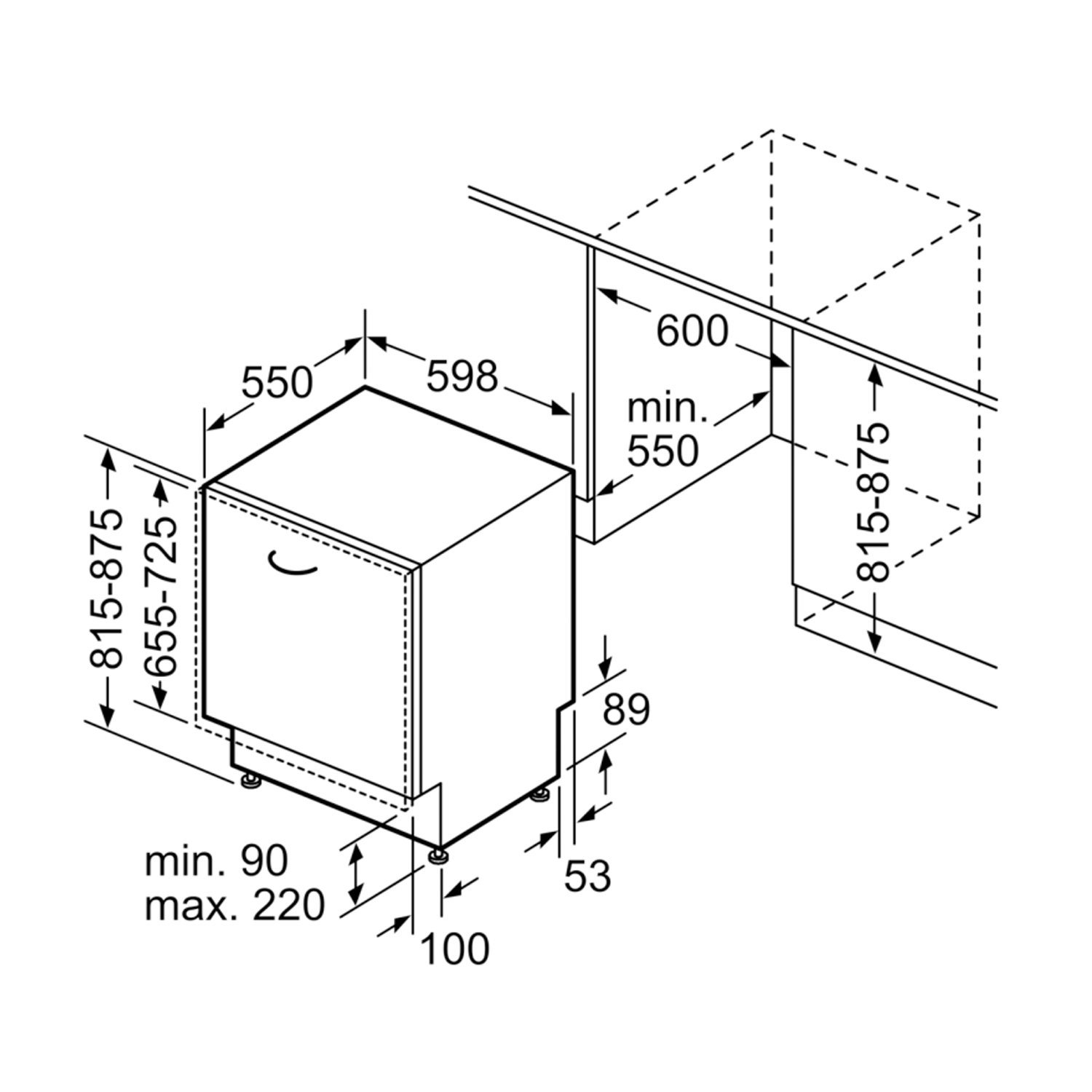 Schema di una lavastoviglie con dimensioni ed etichette per l'installazione.