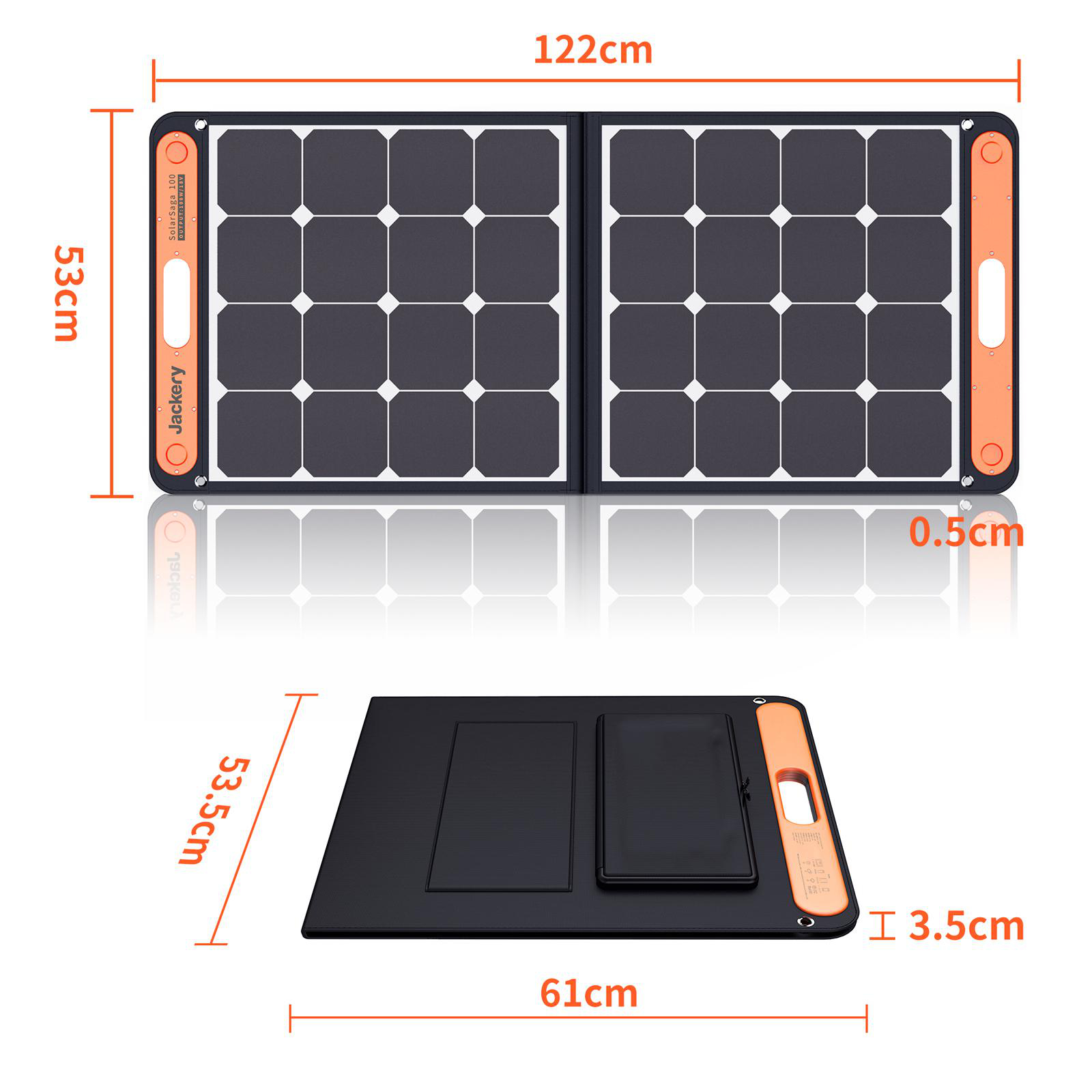 Zwei gefaltete Paneele eines Solarmoduls, mit beschrifteten Abmessungen, auf weißer Oberfläche.