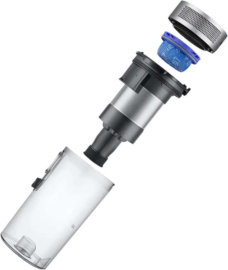 Zerlegter Staubsauger. Komponenten: Behälter, Filter, Motorgehäuse.