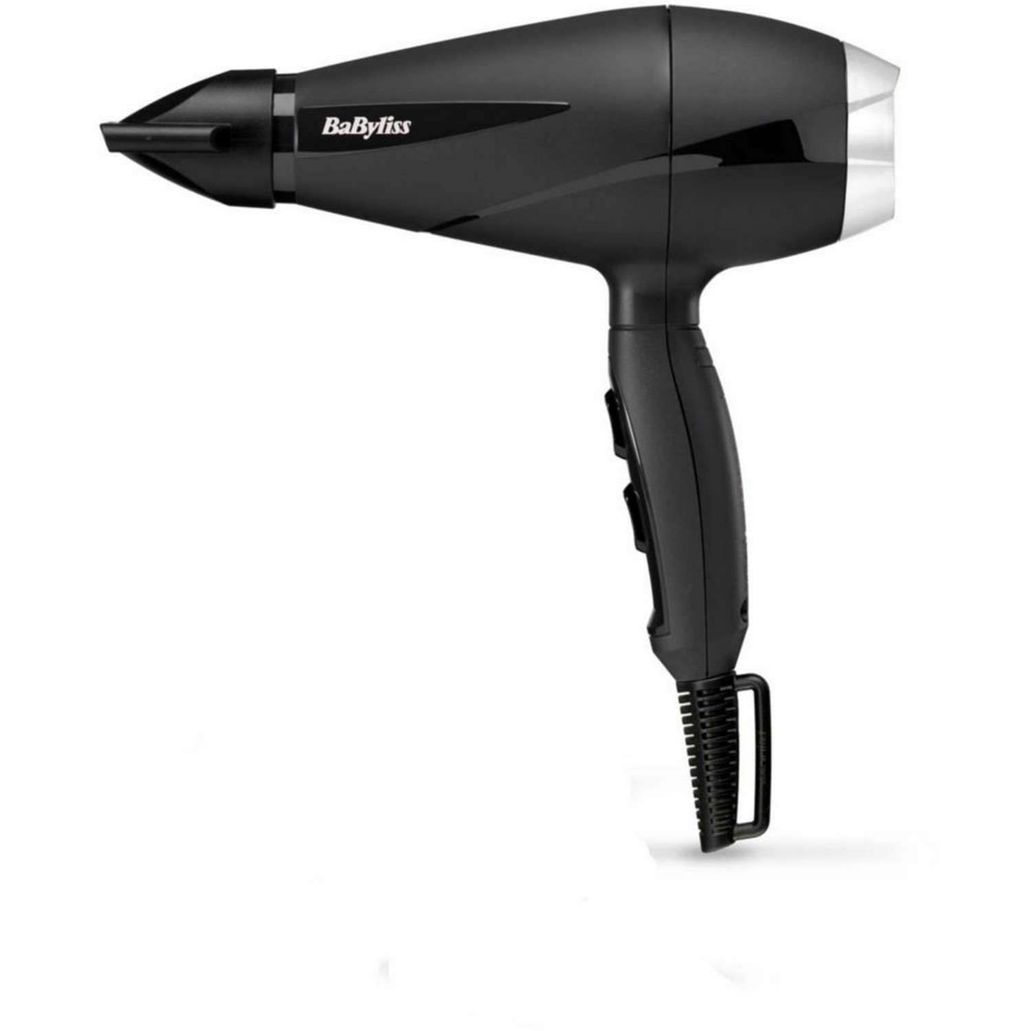 Un sèche-cheveux Babyliss noir, incliné vers la droite sur fond blanc.