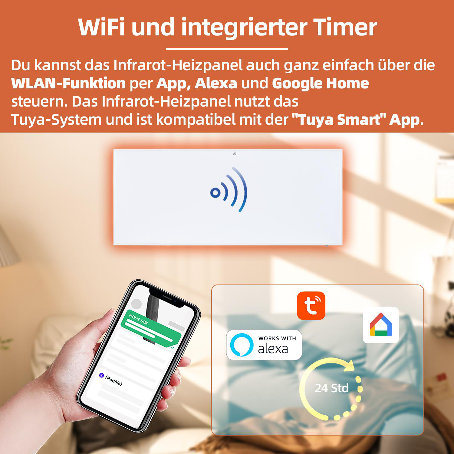 Bild zeigt eine Smart Home-Bedienfeld mit Telefon und Symbolen für Alexa und Google Home, WLAN-Signal.