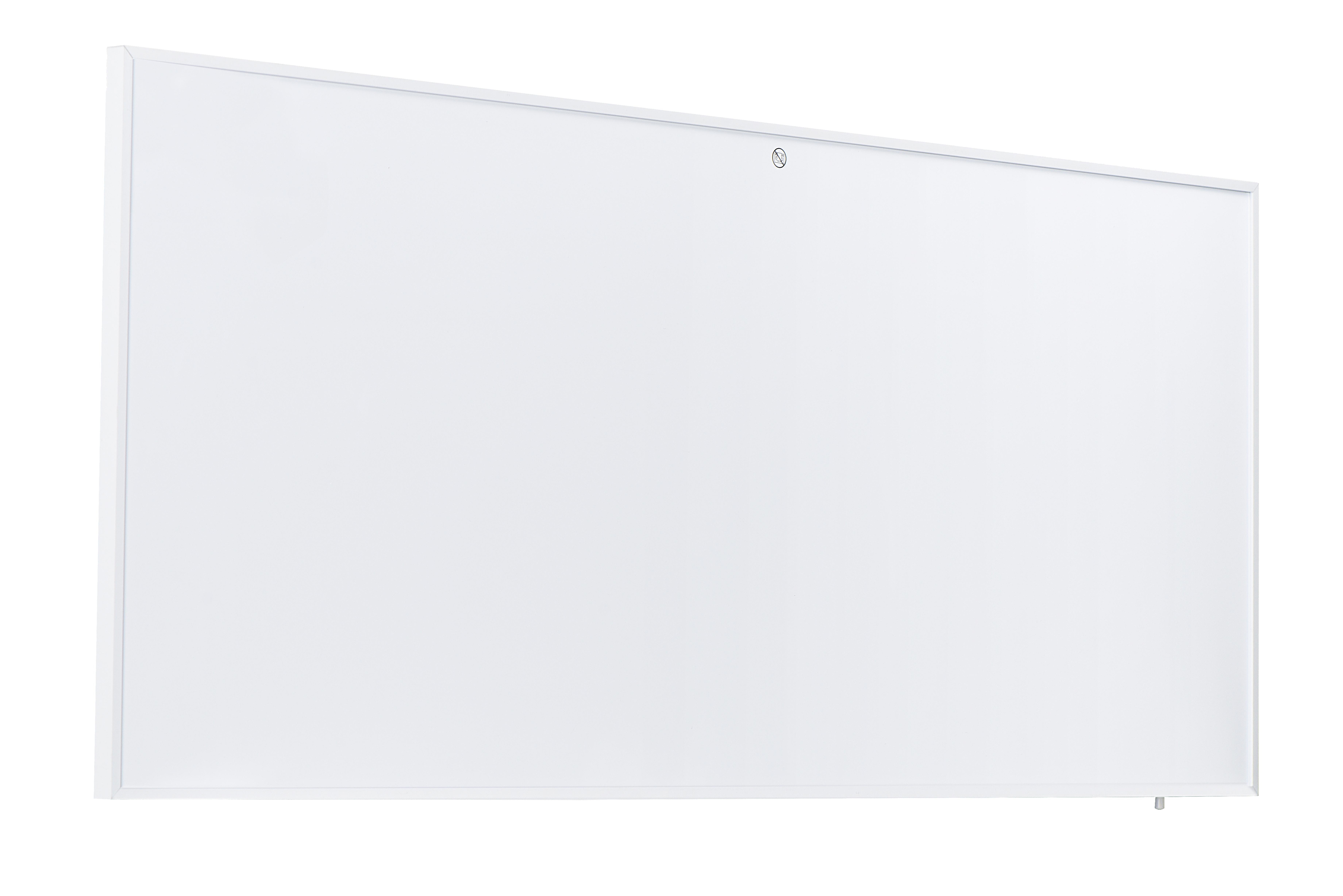 Weißes rechteckiges Paneel. Es ist eine Whiteboardtafel mit dünnem Rahmen. Ein kleines Loch in der Mitte.
