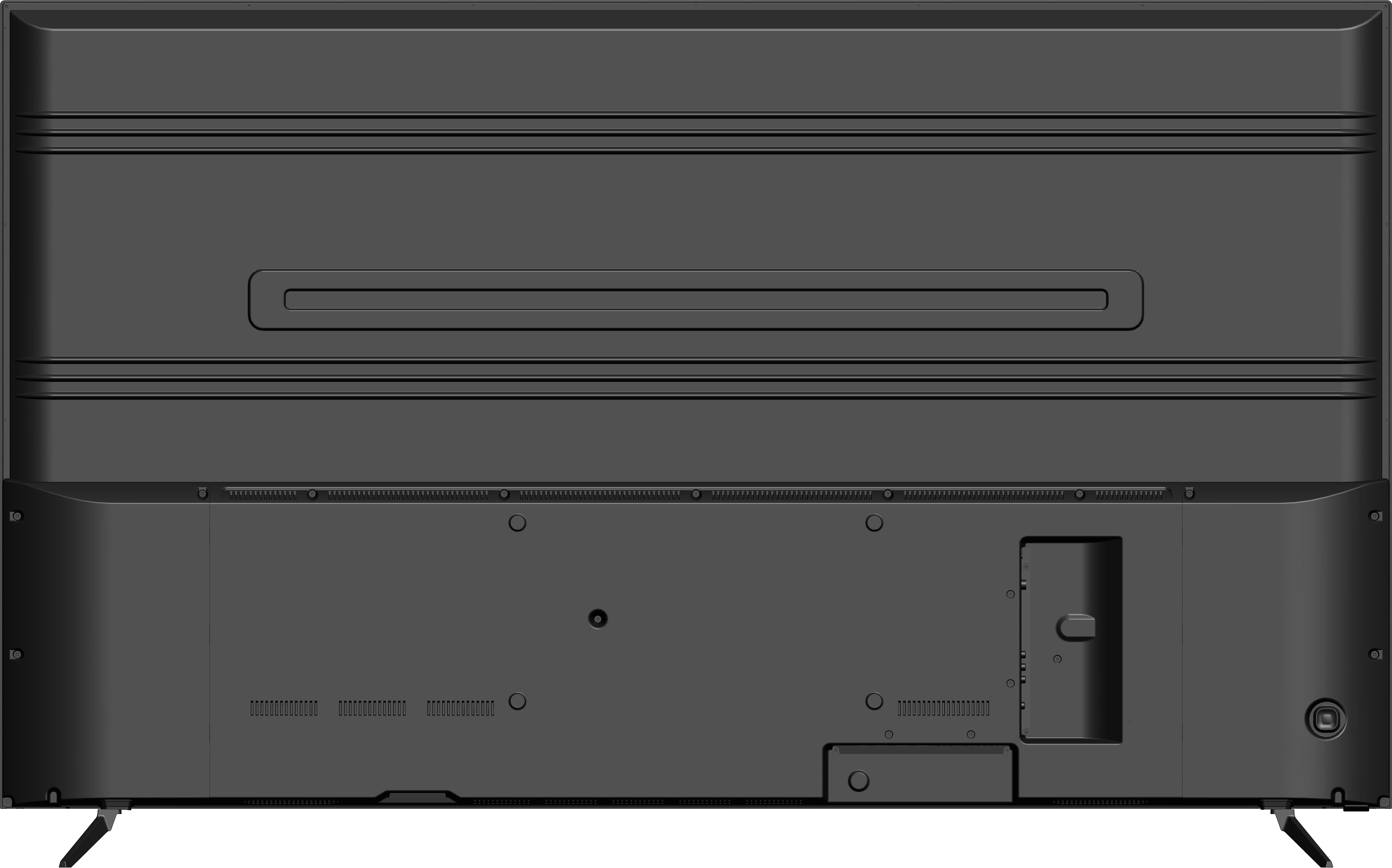 Vue arrière d'un téléviseur noir avec divers ports et évents. Il a une forme rectangulaire.