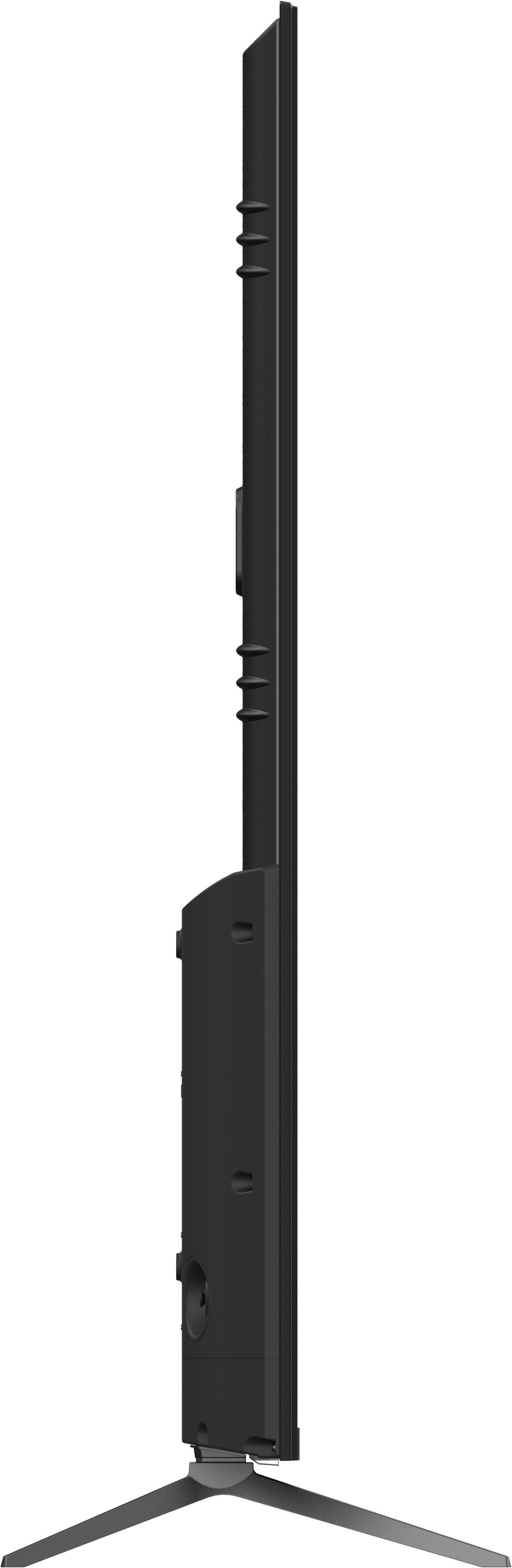 Une vue latérale d'un téléviseur noir avec un pied.