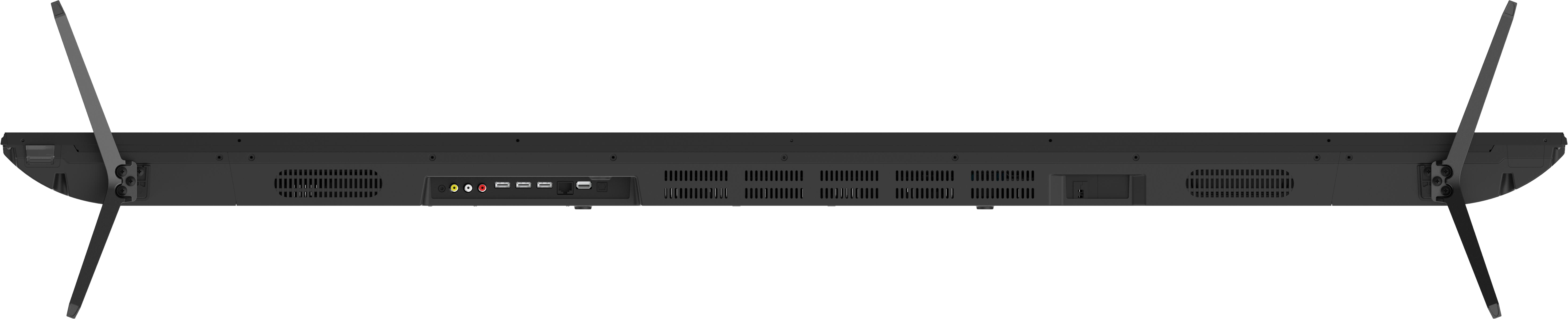 La vue arrière d'un long téléviseur noir, montrant les ports et les pieds de support.