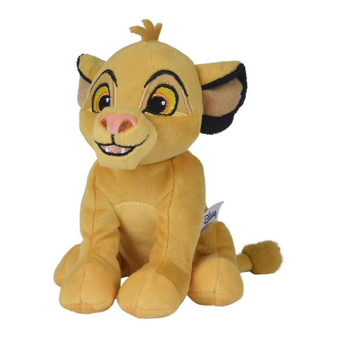 Lion King Plüschtier. Gelbes Fell, sitzend, mit Disney-Etikett am Fuß.