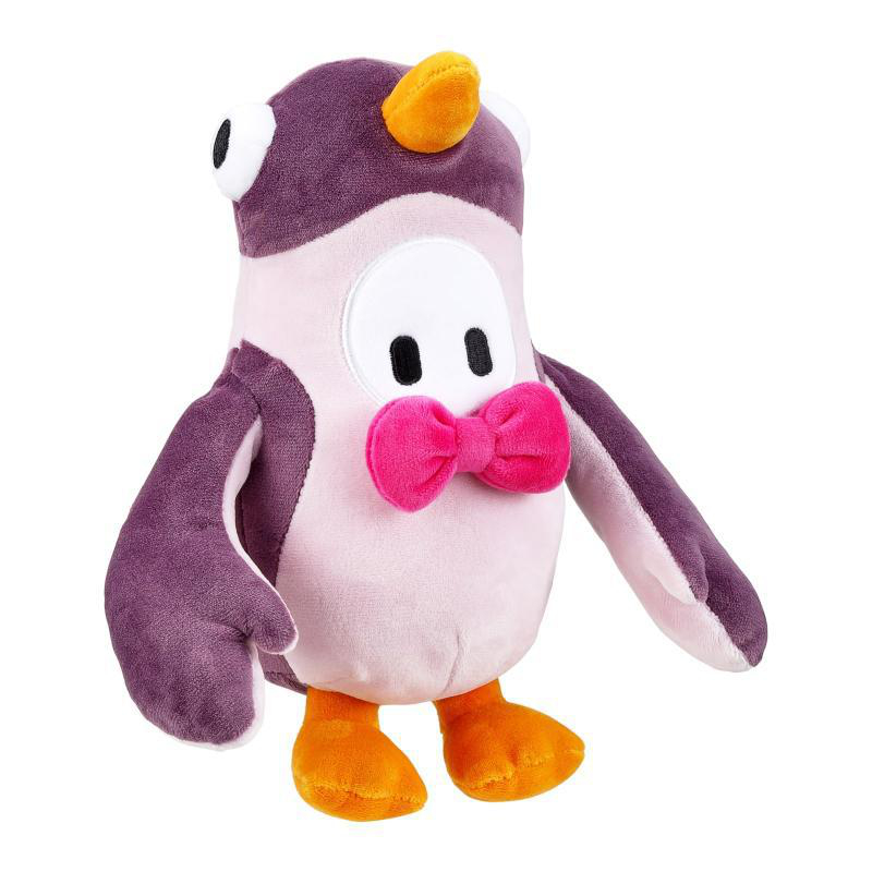 Ein Plüschpinguin-Spielzeug mit lila Körper, rosa Fliege, orangefarbenem Schnabel und Füßen, lächelnd.