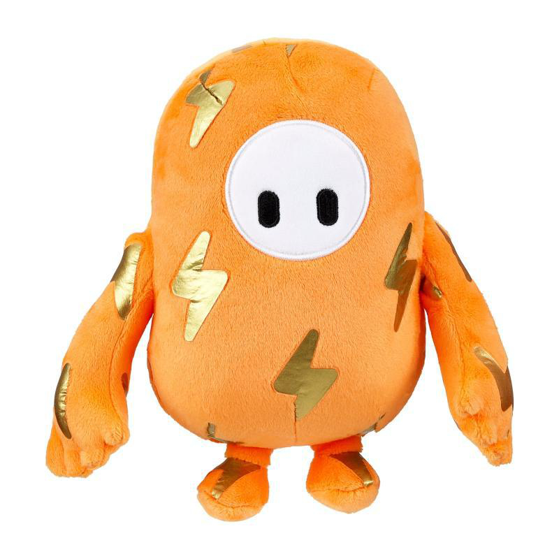 Oranger Fall Guys Charakter mit goldenen Blitzen, der eine Krone trägt, auf weißem Hintergrund.