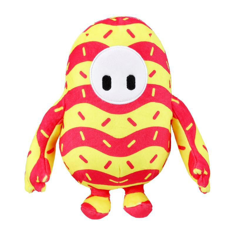 Ein Stofftier einer Fall Guys-Figur. Es ist gelb mit roten Streifen und einem weißen Gesicht.