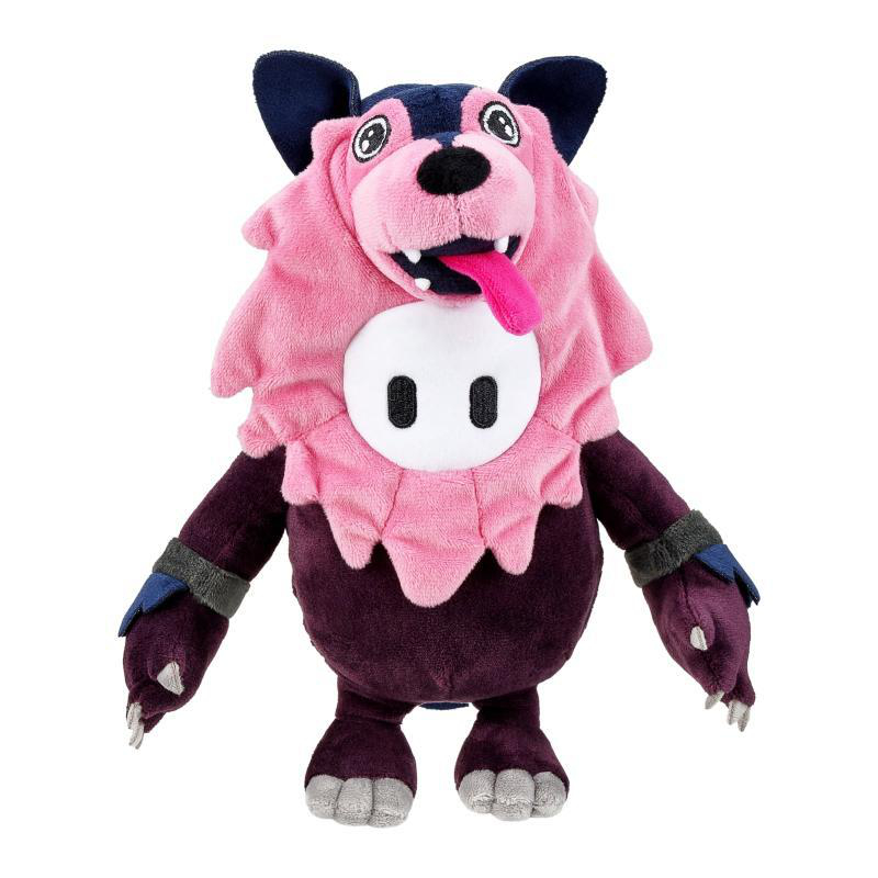 Ein pinkfarbenes und lila Fall Guys Plüschtier mit hundeähnlichem Aussehen, vor weißem Hintergrund.