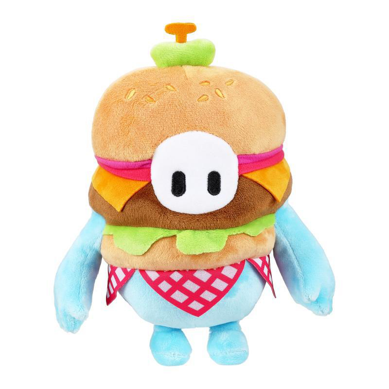 Burger-Plüschtier, blaue Arme und Beine, mit weißem Kreisförmigen Gesicht.