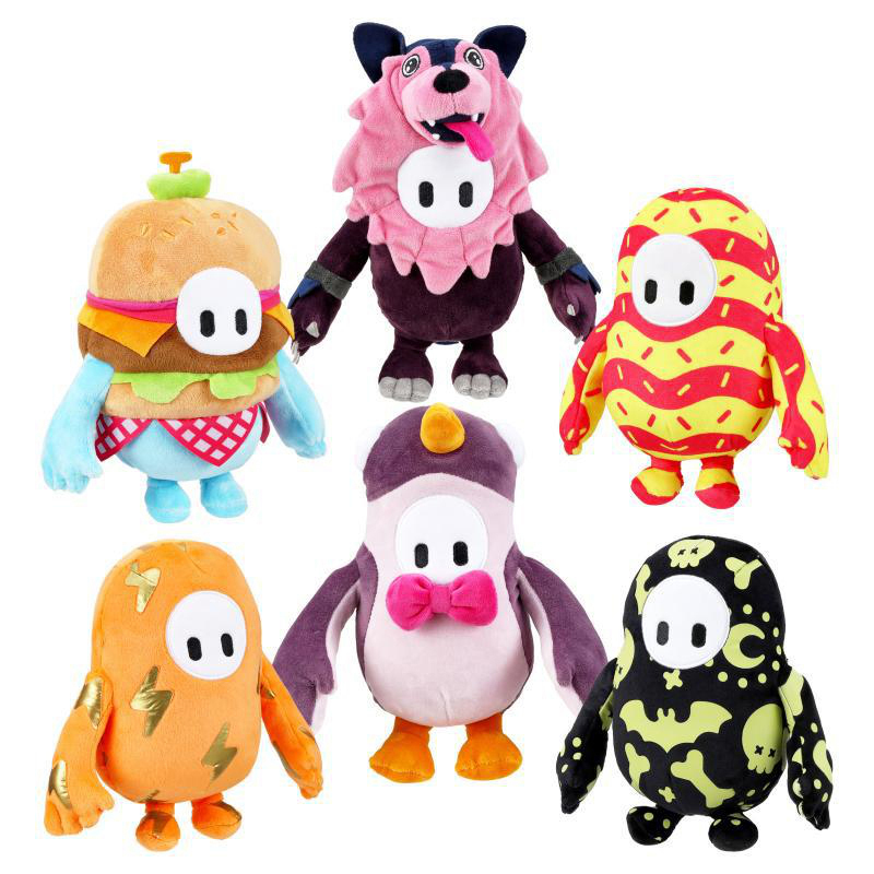 Sechs bunte Stofftiere: Burger, Wolf, gestreift, orange, Pinguin, Halloween.