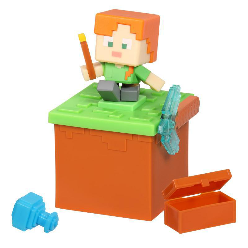 Minecraft Alex-Figur auf einem Block, mit Zubehör. Enthält eine Spitzhacke und eine Truhe.
