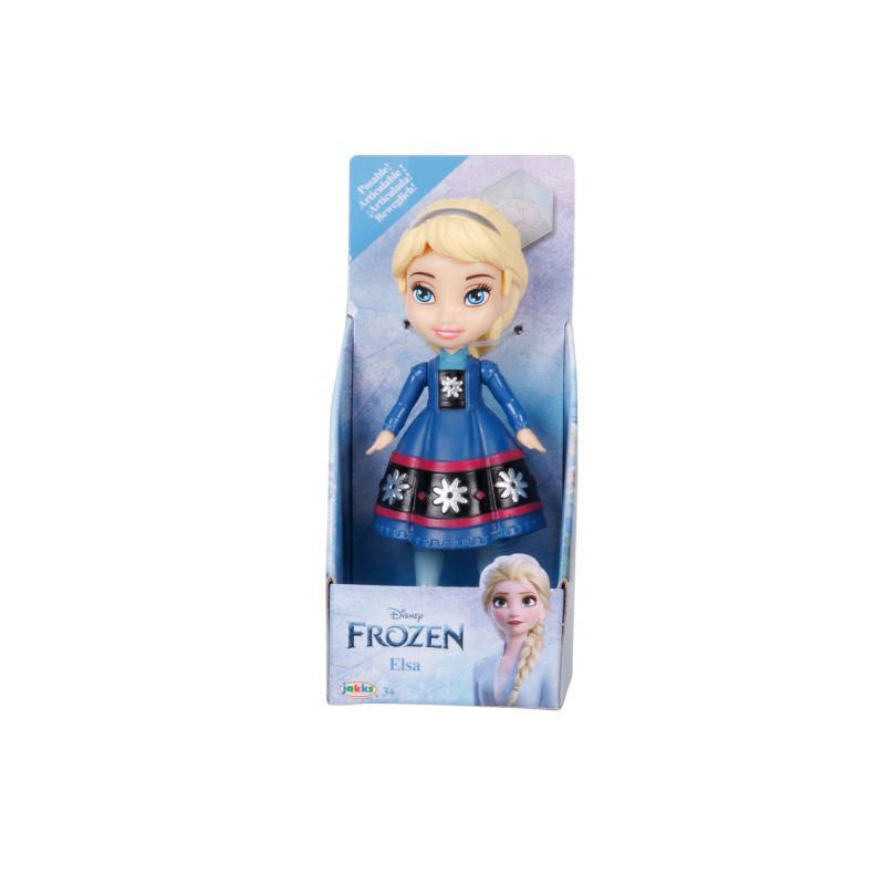 Frozen Elsa Puppe in einer Box. Die Puppe trägt ein blaues Kleid. Box hat das Disney Frozen Logo.