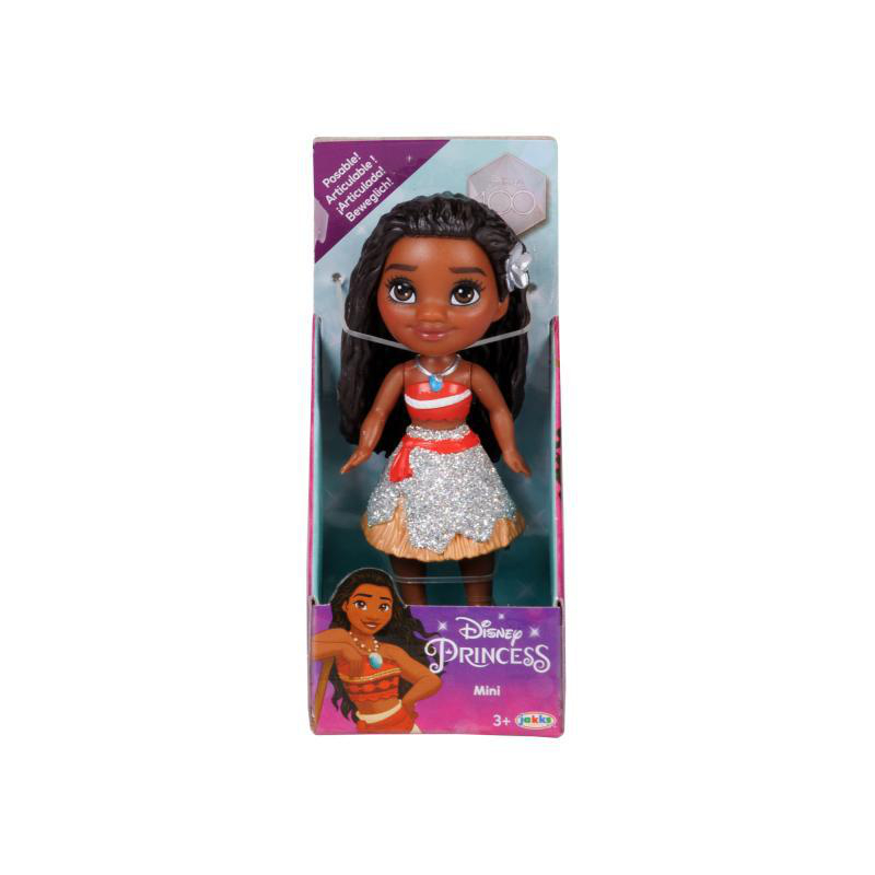 Moana-Puppe in einer Box. Sie trägt ein rotes Oberteil und einen silbernen Rock.