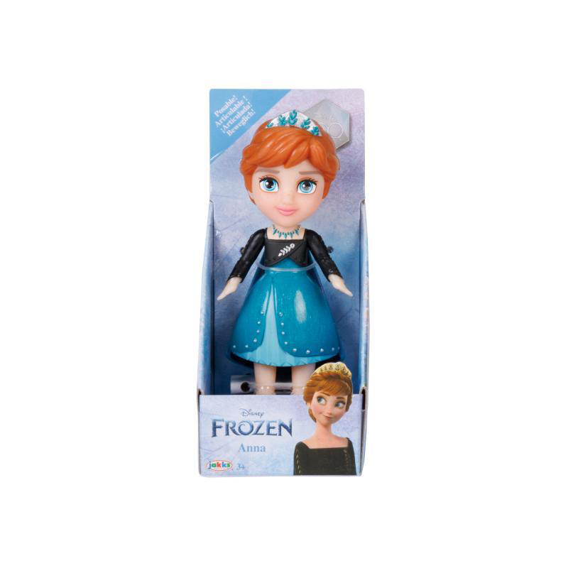 Eine Frozen Anna-Puppe in einer Box. Sie trägt ein blaues Kleid und hat rotes Haar.